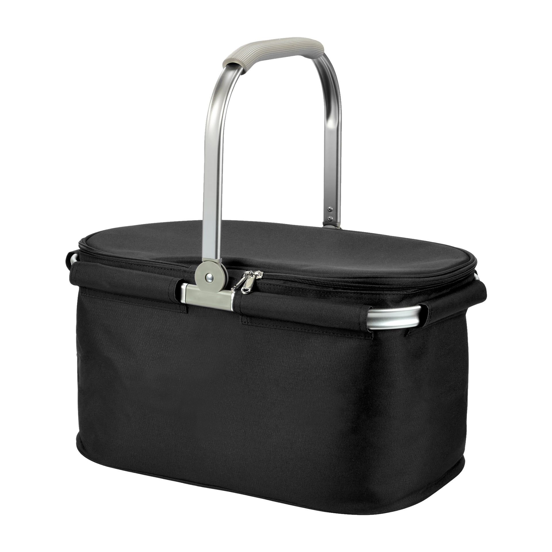 En svart kjølebag fra Kayoba med isolasjon, hengslet lokk, sølvfarget aluminiumshåndtak og glidelåslukking. Den rektangulære formen har mykt avrundede kanter.