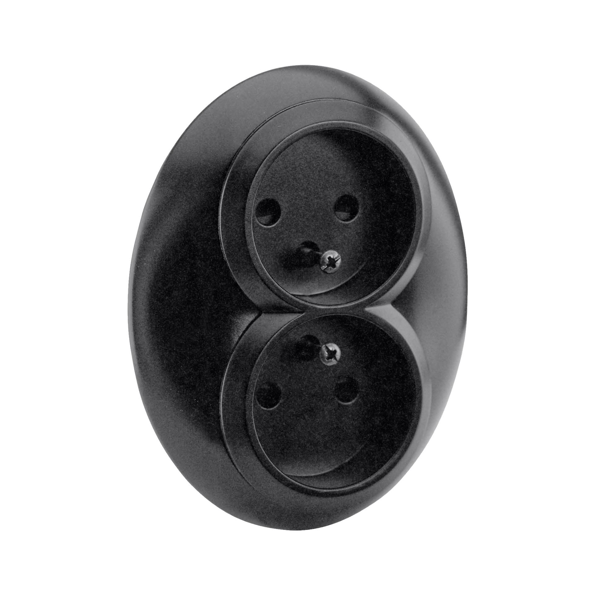 En veggkontakt fra Schneider Electric Renova med et elegant svart, ovalt design og to runde plugghull vises i en vinkel.