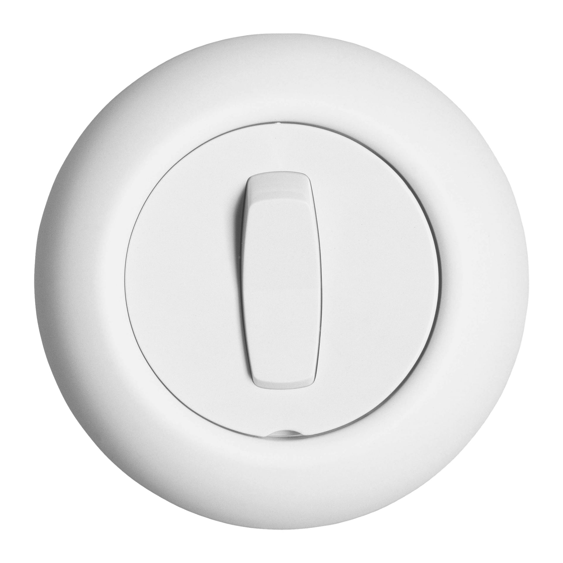 En Schneider Electric Power Switch Renova med rund, hvit form og en sentral rektangulær bryter vises ovenfor. Bryteren har et slankt, moderne utseende med jevne konturer og en forsiktig innfelt knapp.