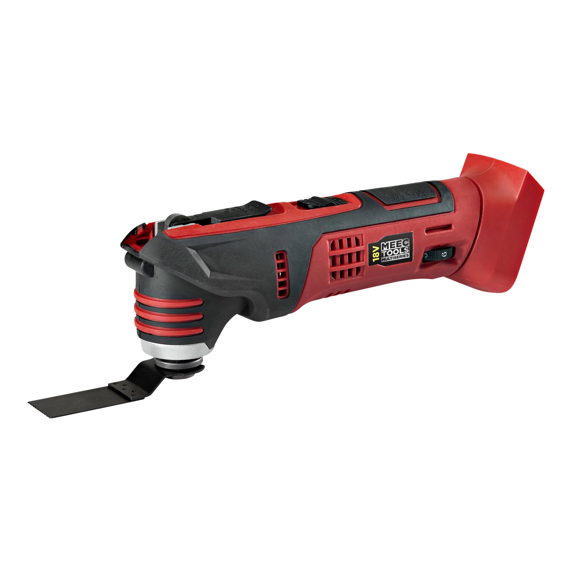 Det svarta och röda Meec Tools Multiseries MT-18V HOME 500 multiverktygspaketet visas med ett platt skärblad, batteri saknas.