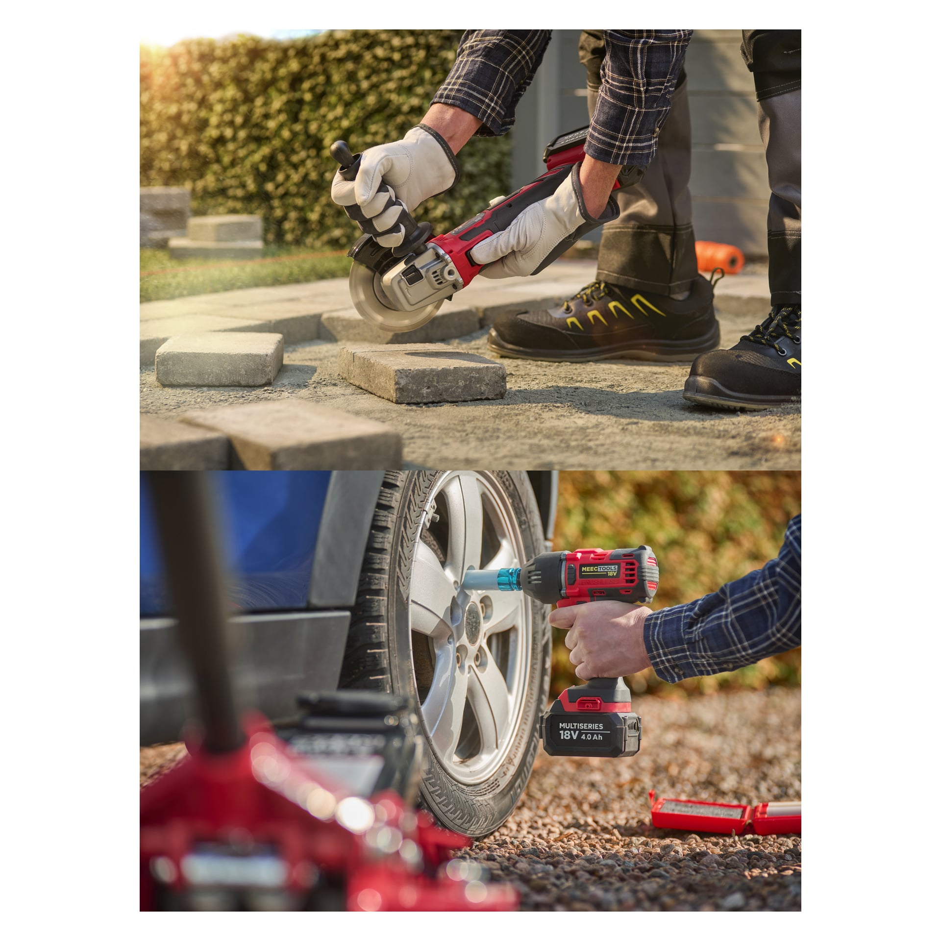 To bilder: Øverst – hanskekledde hender bruker en Meec Tools vinkelsliper for å kutte stein. Bunnen—slagnøkkel løsner hjulmutterne på bilen.