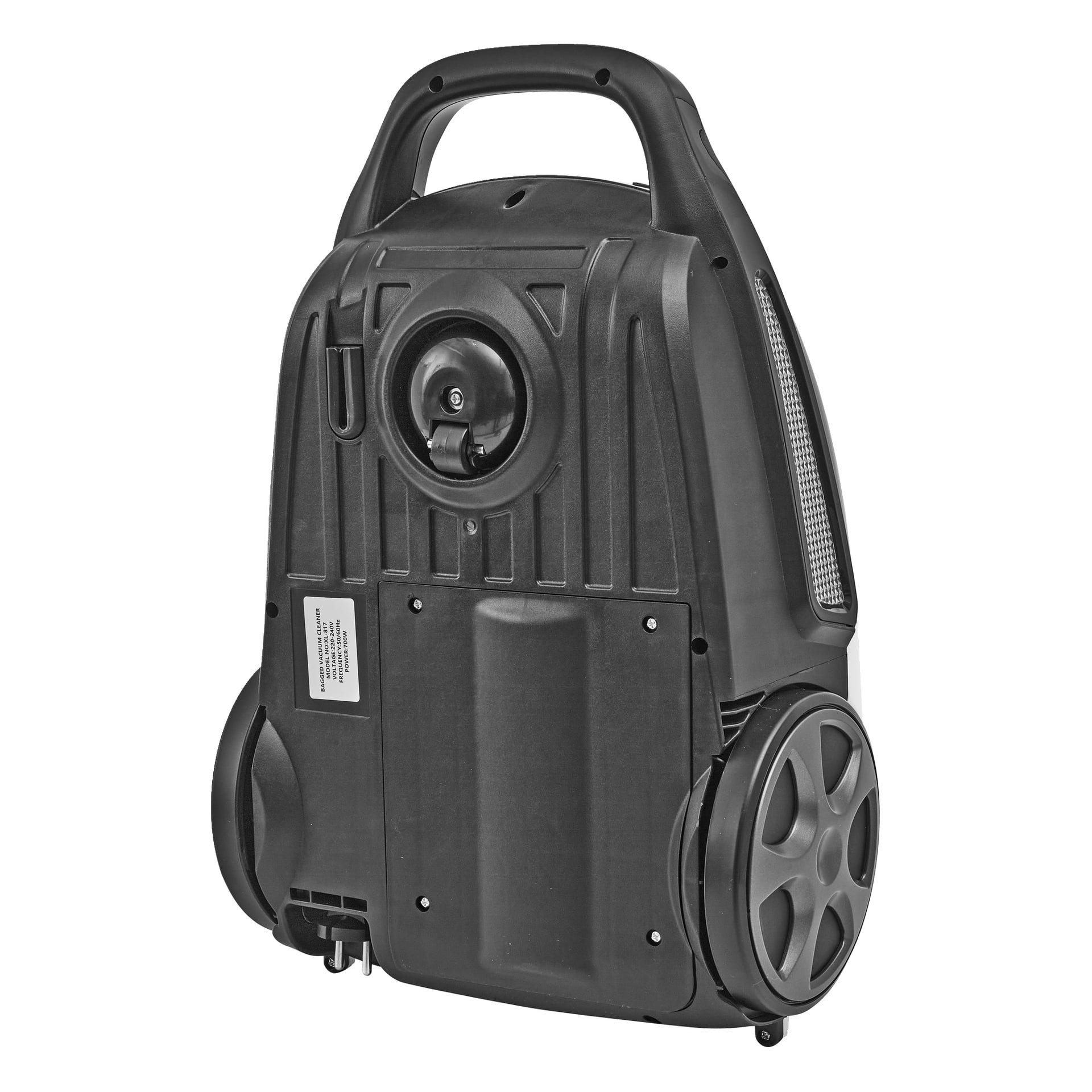 Bright Vacuum cleaner är svart, upprätt, med ett övre handtag, två stora sidohjul, en högerventil och en central kabelrull.
