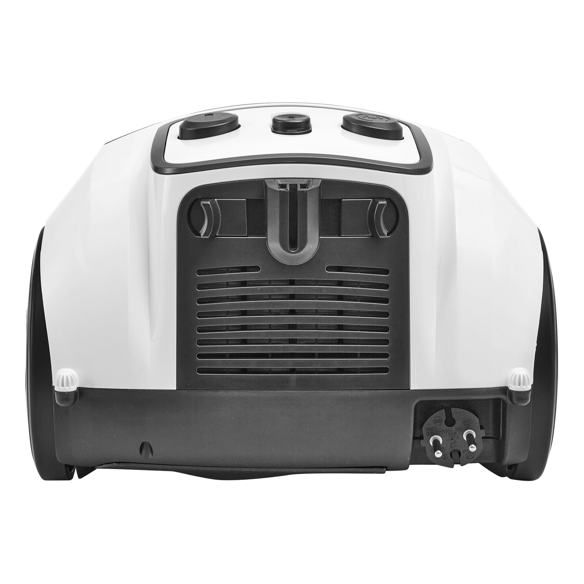 Närbild på baksidan av en vit och svart Bright Vaccleaner, med ventilationsribbor, krok, två hjul och eluttag.