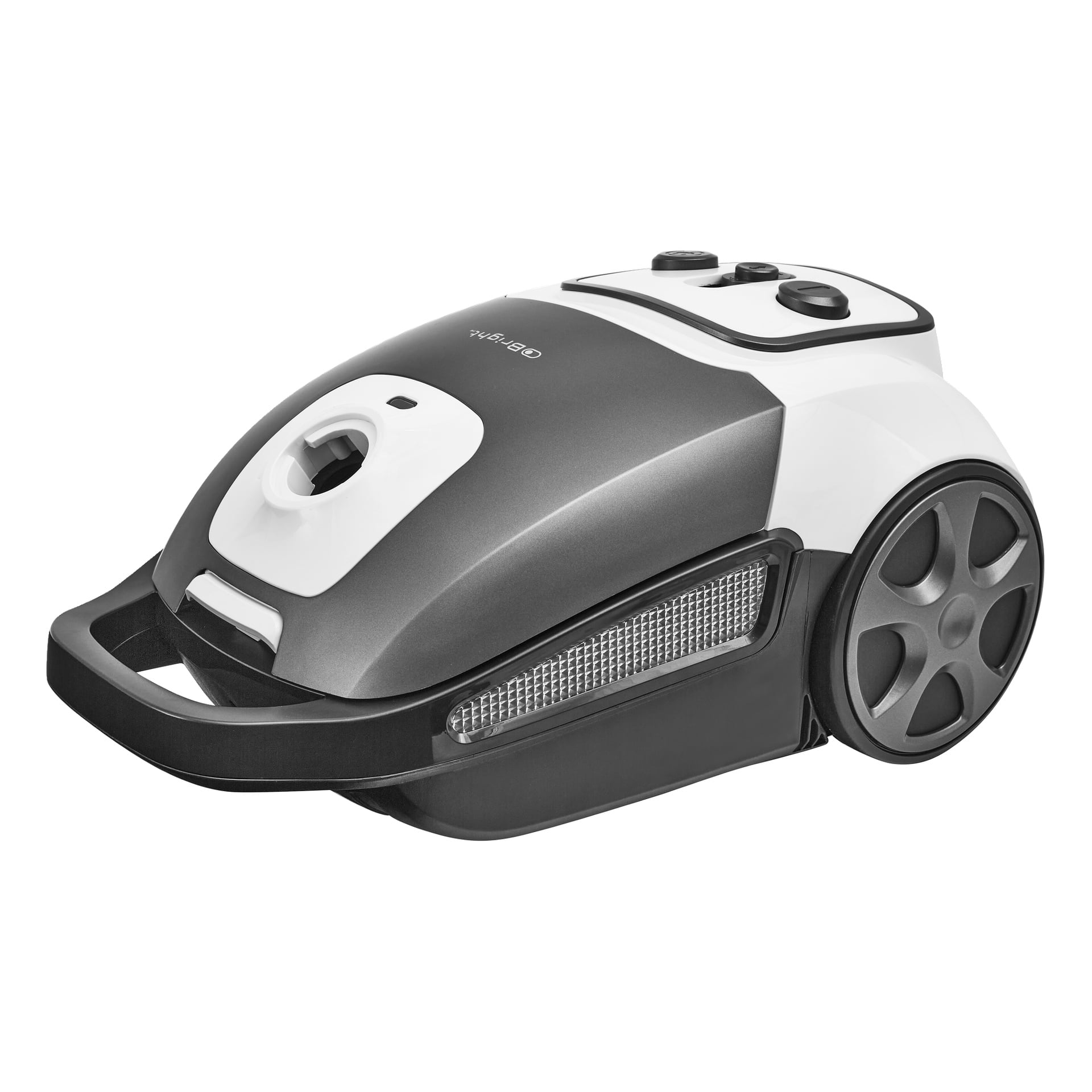 Bright Vacuum Cleaner har en svartvit design, stora bakhjul, ett framhandtag och lättanvända rattar på toppen.