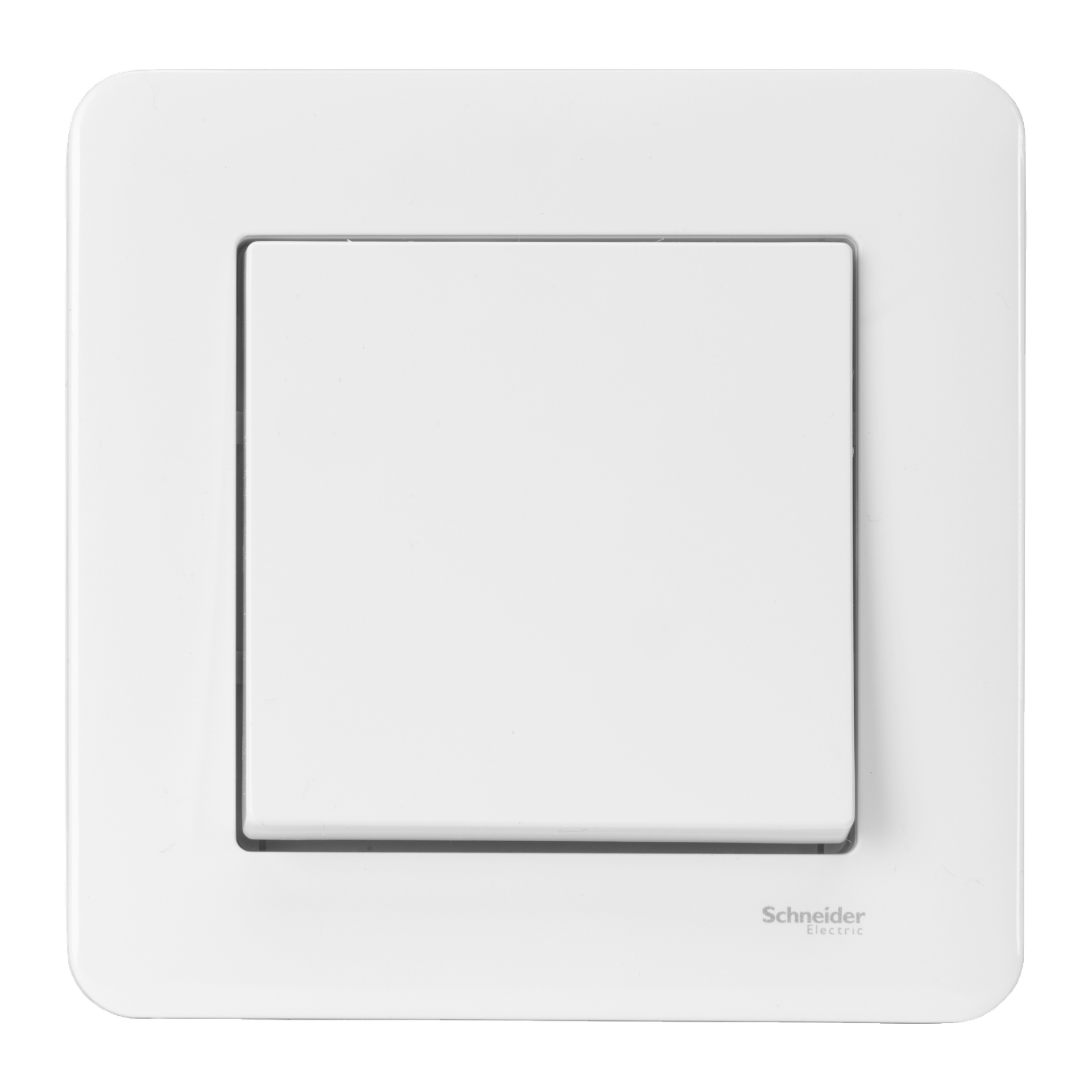 Nærbilde av en Schneider Electric Exxact Primo strømbryter med hvit firkantet design. Bryteren er slått av, og Schneider Electric-logoen vises nederst til høyre på bryterplaten.