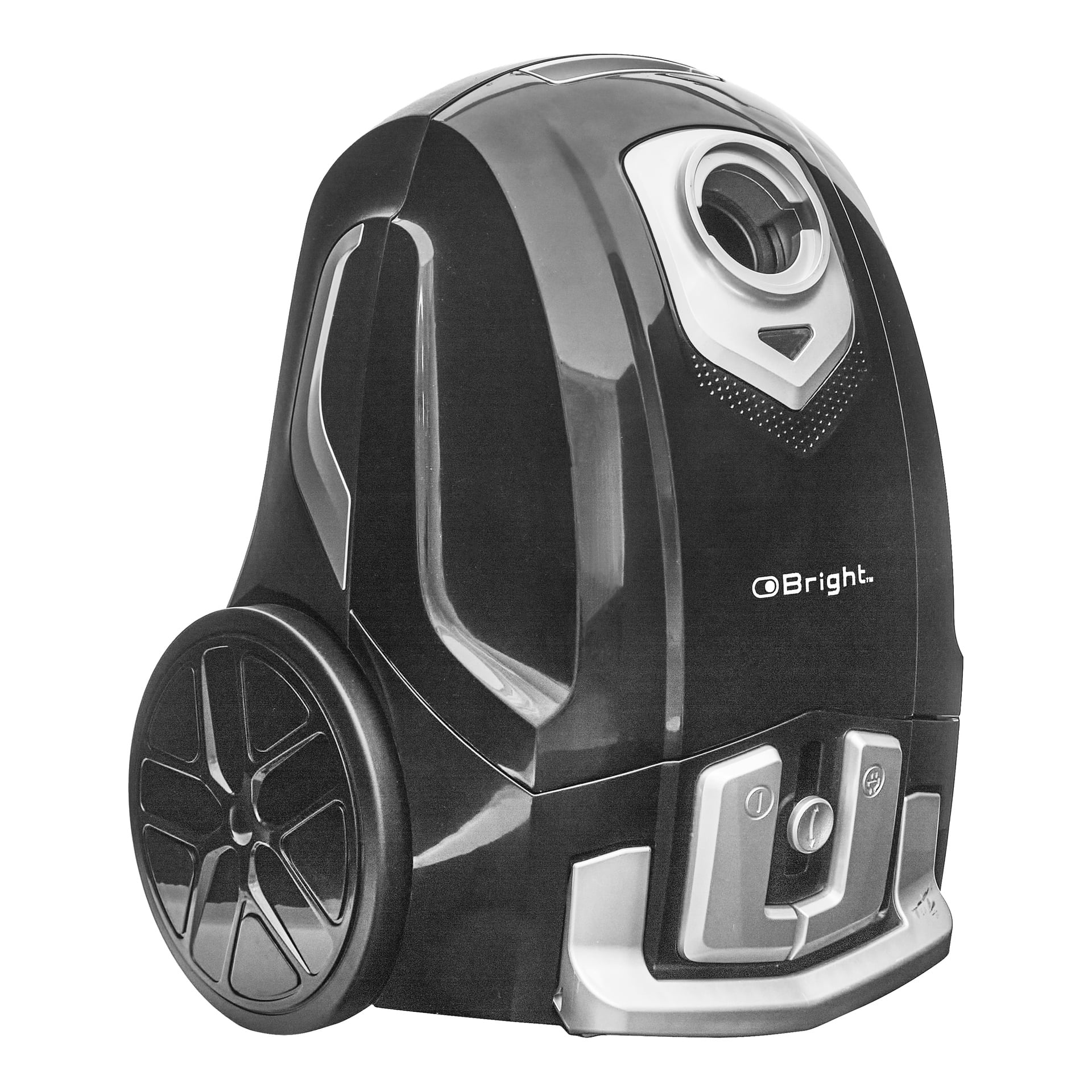 Bright Vacuum cleaner med stora bakhjul, ett övre handtag, främre Bright-logga, ström- och sladdknappar samt ett modernt strömlinjeformat utseende.