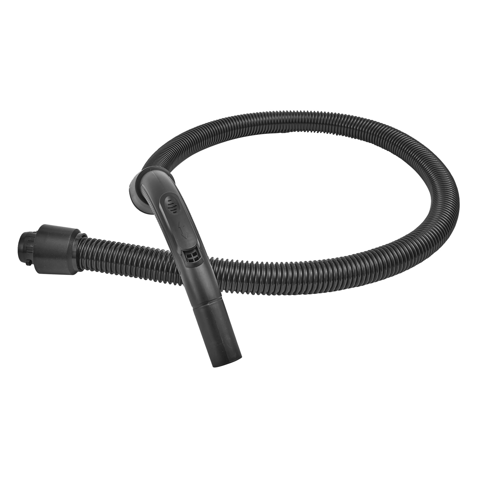 Bright-dammsugarslangen har svarta, flexibla ribbade rör med ett böjt handtag, prydligt lindade i en cirkel.
