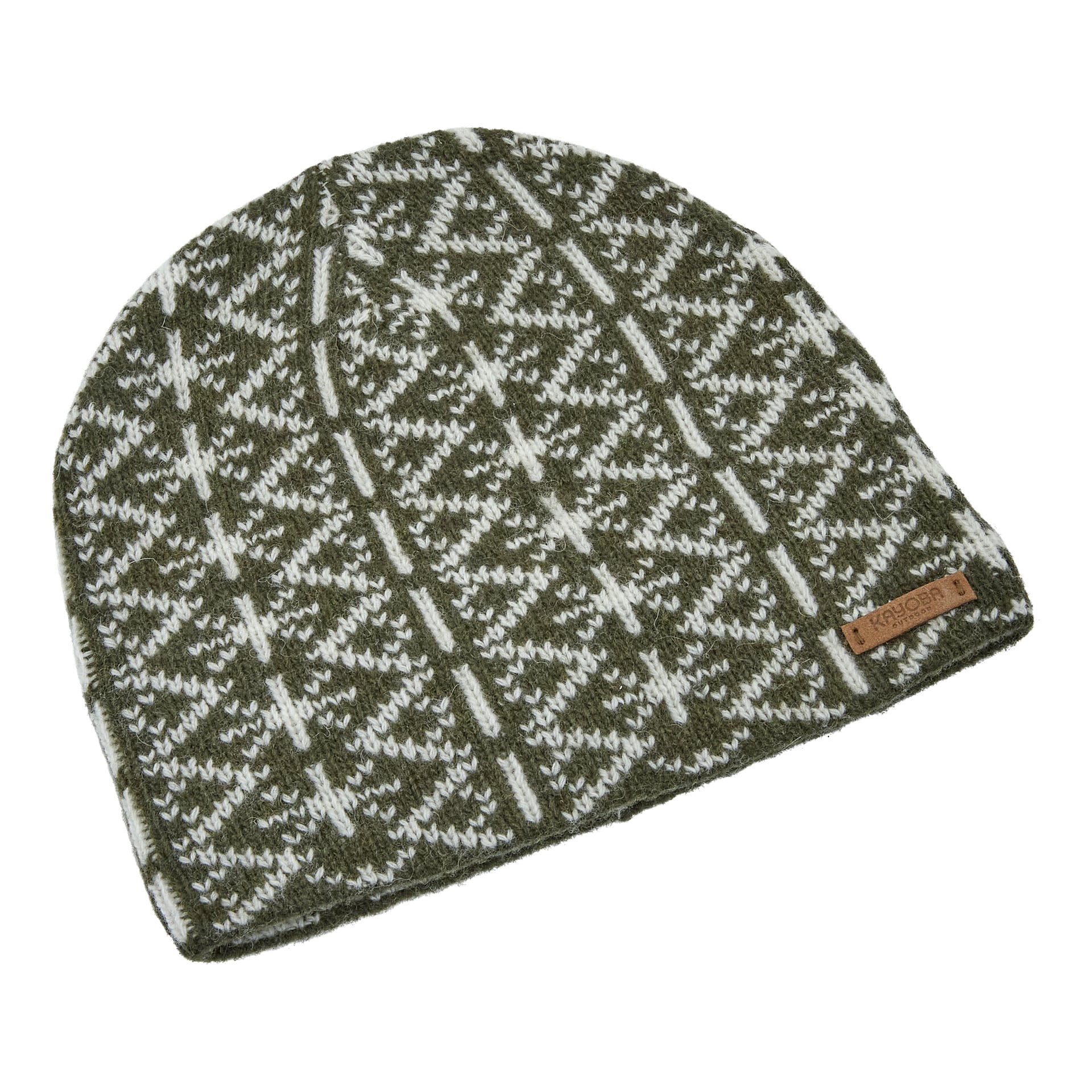 Die Kayoba Outdoor-Mütze ist eine gestrickte Mütze mit einem grün-weißen geometrischen Schneeflockenmuster und einem kleinen braunen Etikett am unteren Rand.