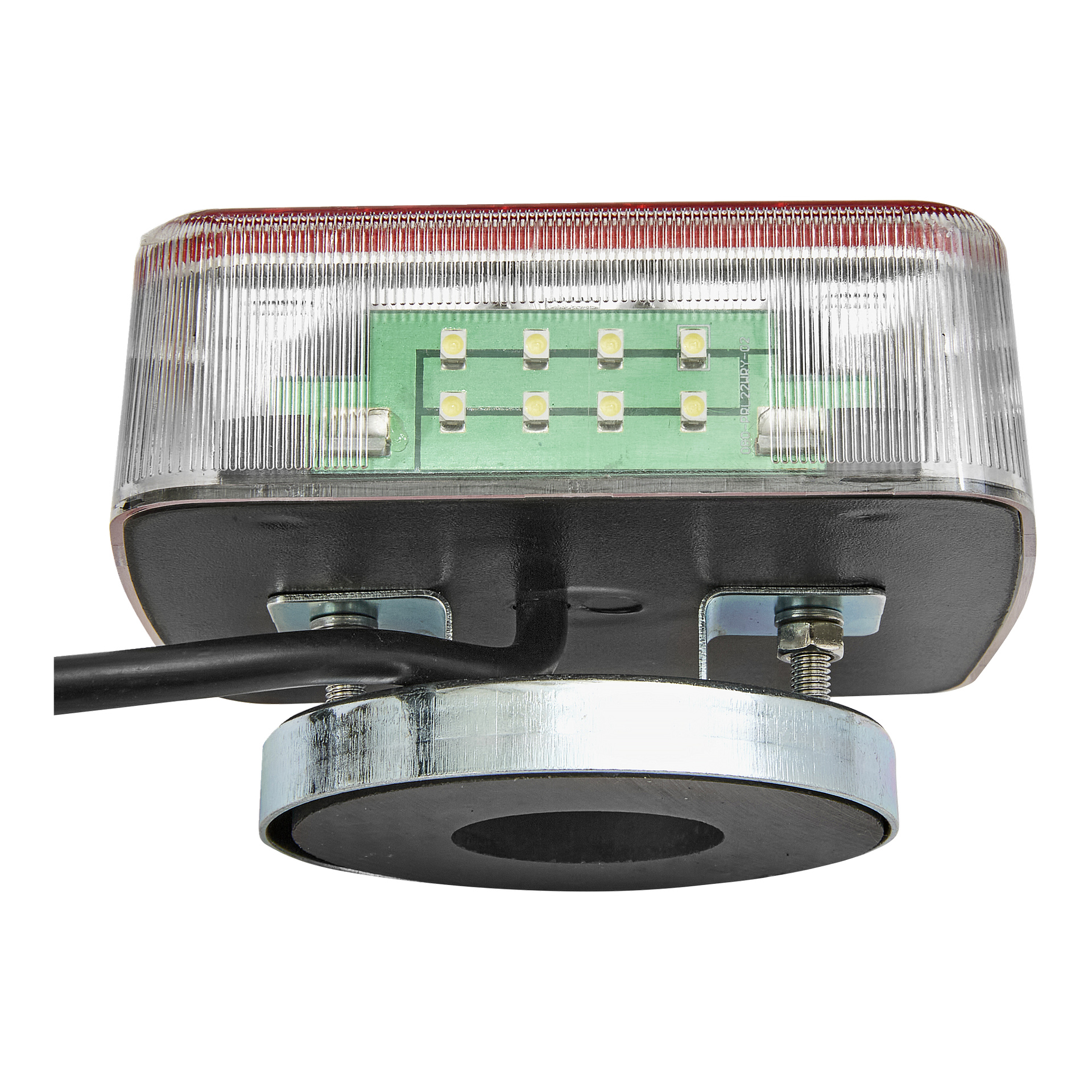 Zestaw lamp LED Hamron Magnetic Set z sześcioma diodami LED prostokątnym światłem, żebrowaną osłoną, czarną podstawą, metalowym mocowaniem i podłączonym czarnym kablem.