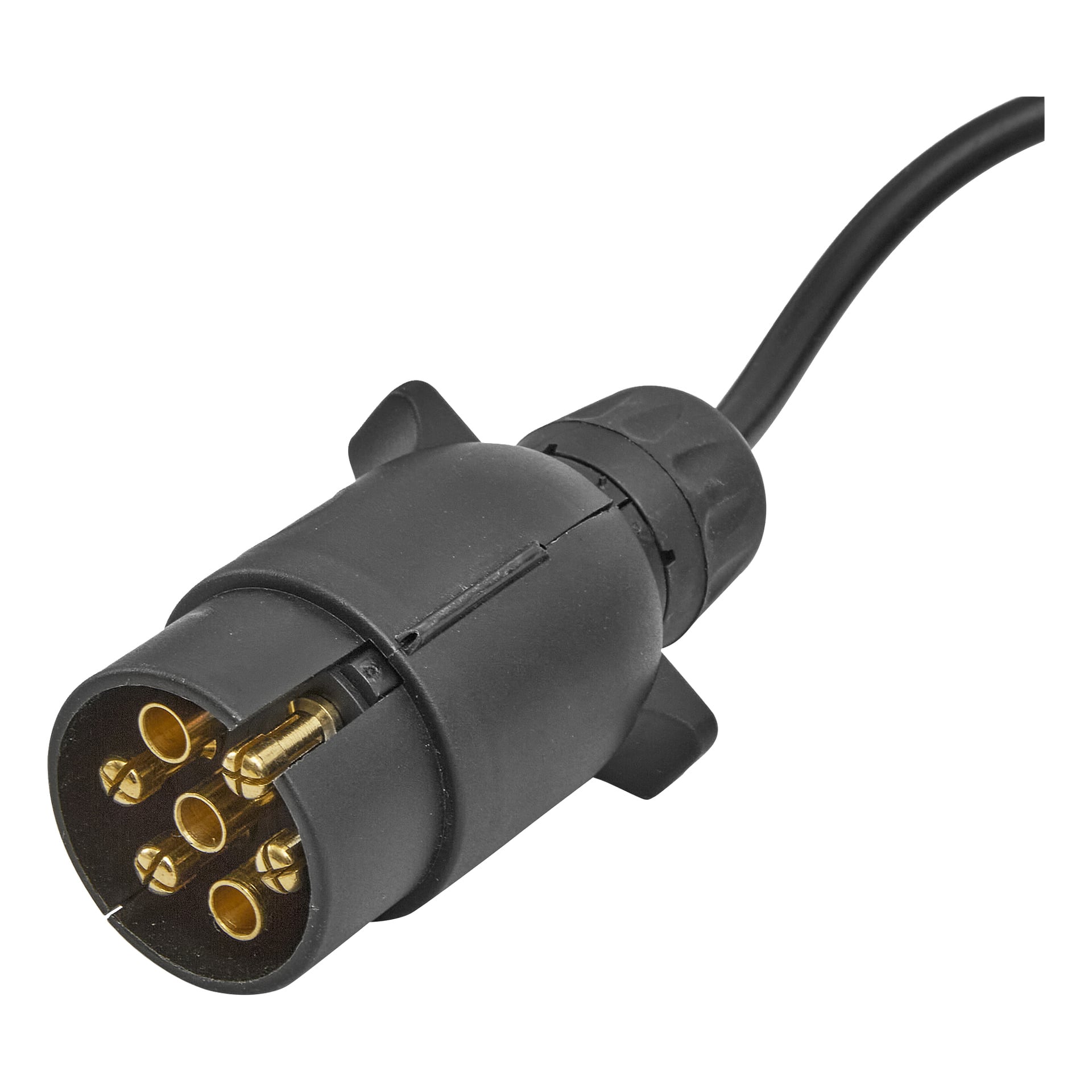 Zbliżenie zestawu lamp magnetycznych Hamron – czarne złącze LED 7-pinowe z naczepą z złotymi pinami, podłączone do czarnego kabla.