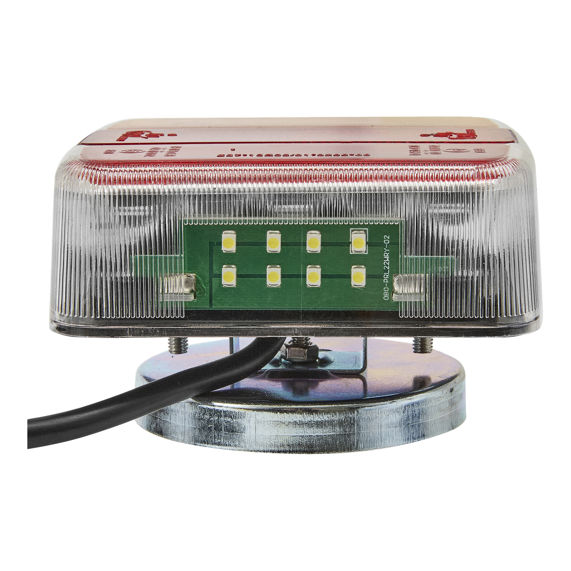 Zestaw lamp LED Hamron Magnetic z przezroczystą soczewką, ośmioma żółtymi diodami LED na zielonej tablicy oraz podstawą mocowaną magnetycznie.