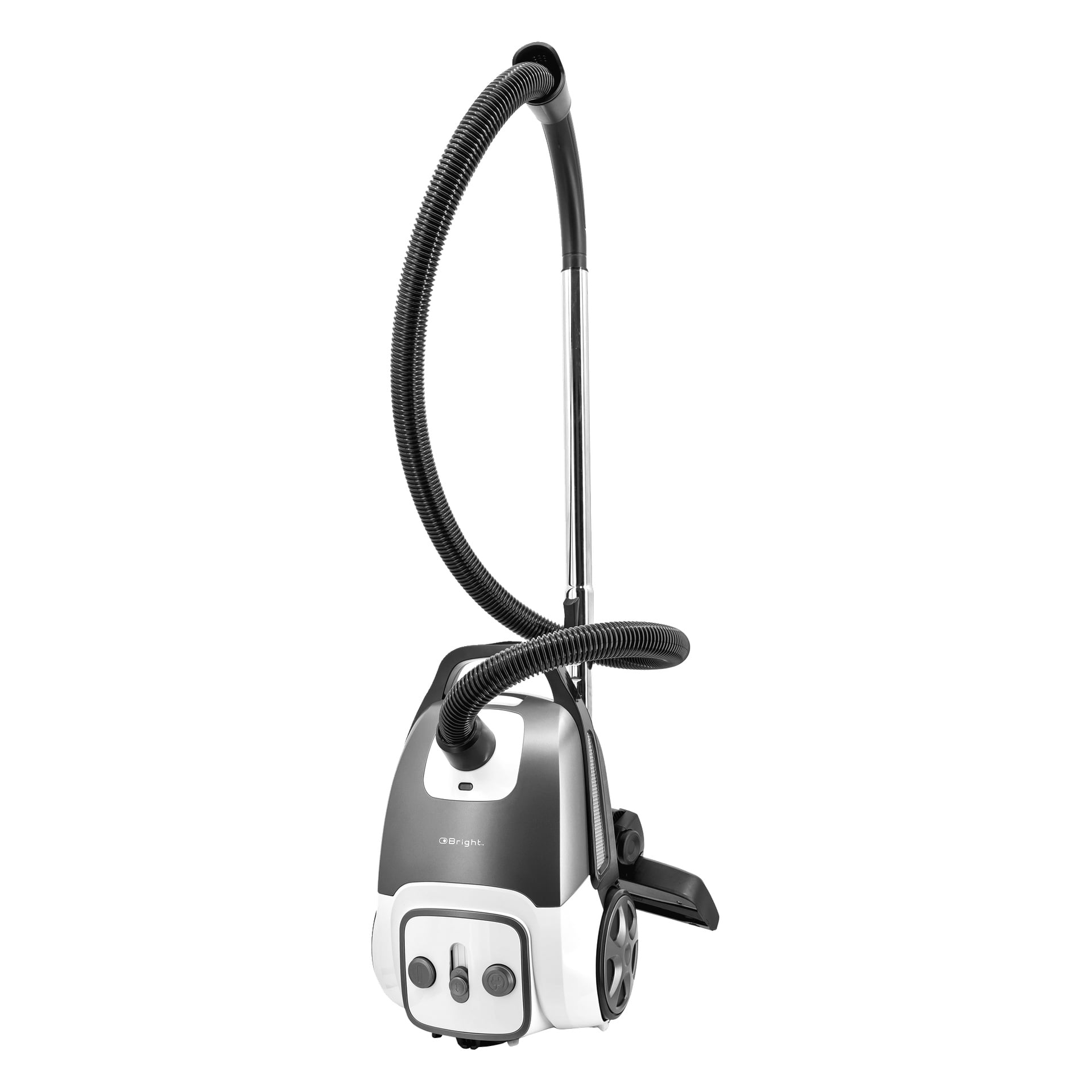Bright Vacuum Cleaner har en lång flexibel slang, metallförlängningsrör, två stora hjul, bärhandtag och främre kontrollknappar.