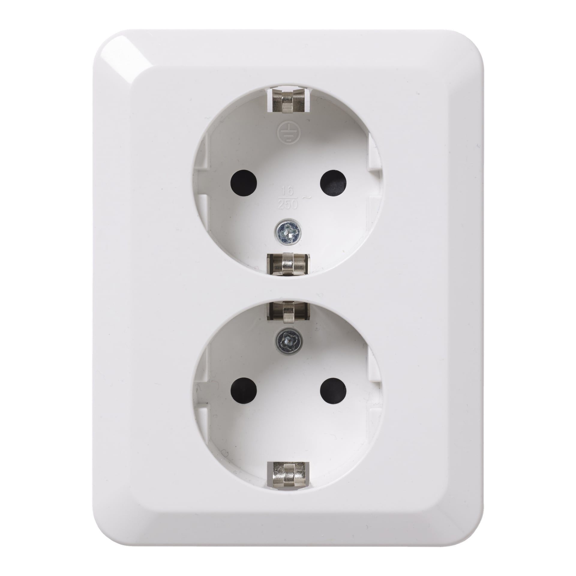 Anslut Wall Socket har to runde hvite stikkontakter med sentrale skruehoder, montert på en blank rektangulær plate i tradisjonelt europeisk design.