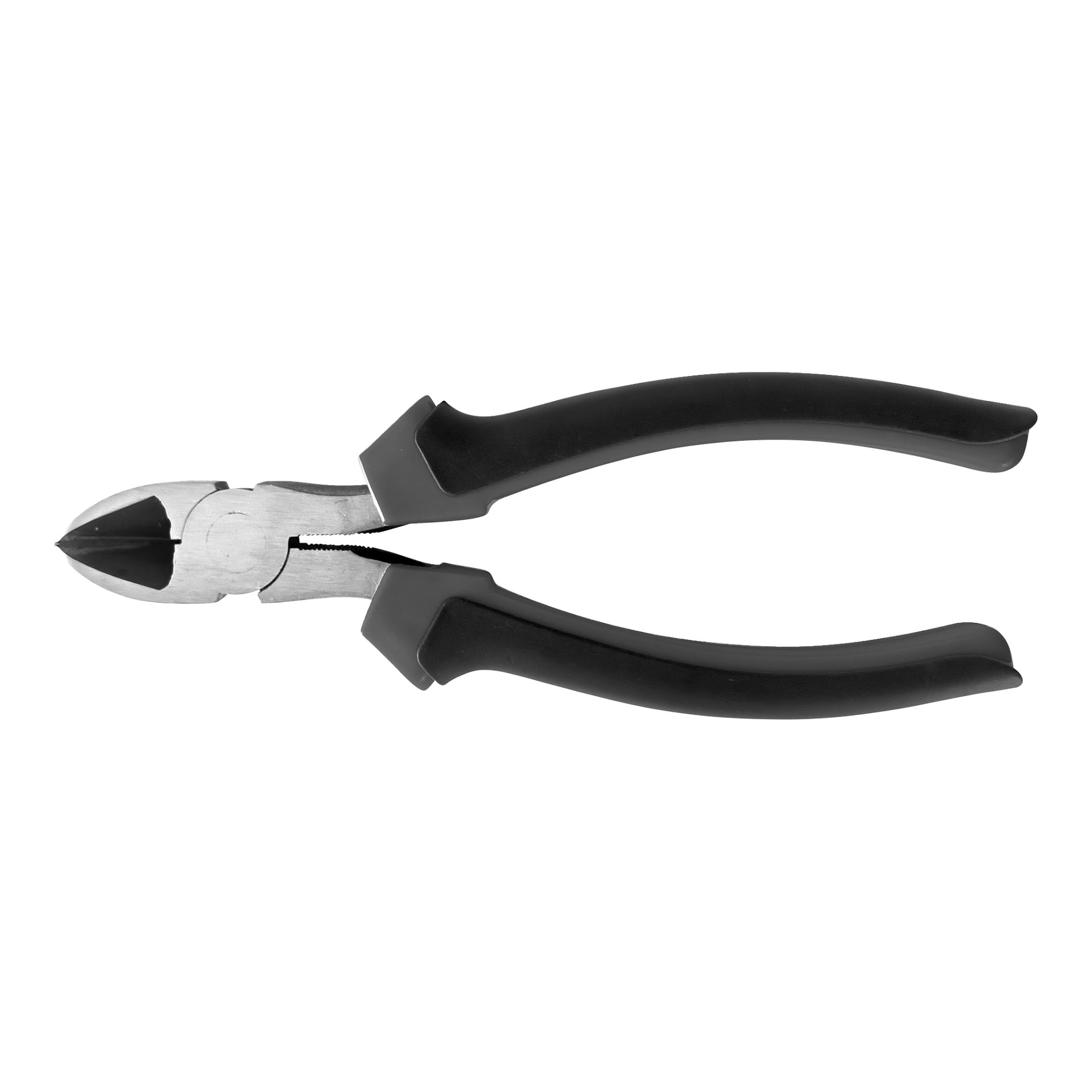 Ett par Meec Tools sidoskärtång med svarta gummihandtag och ett silverfärgat metallblad, sett uppifrån.