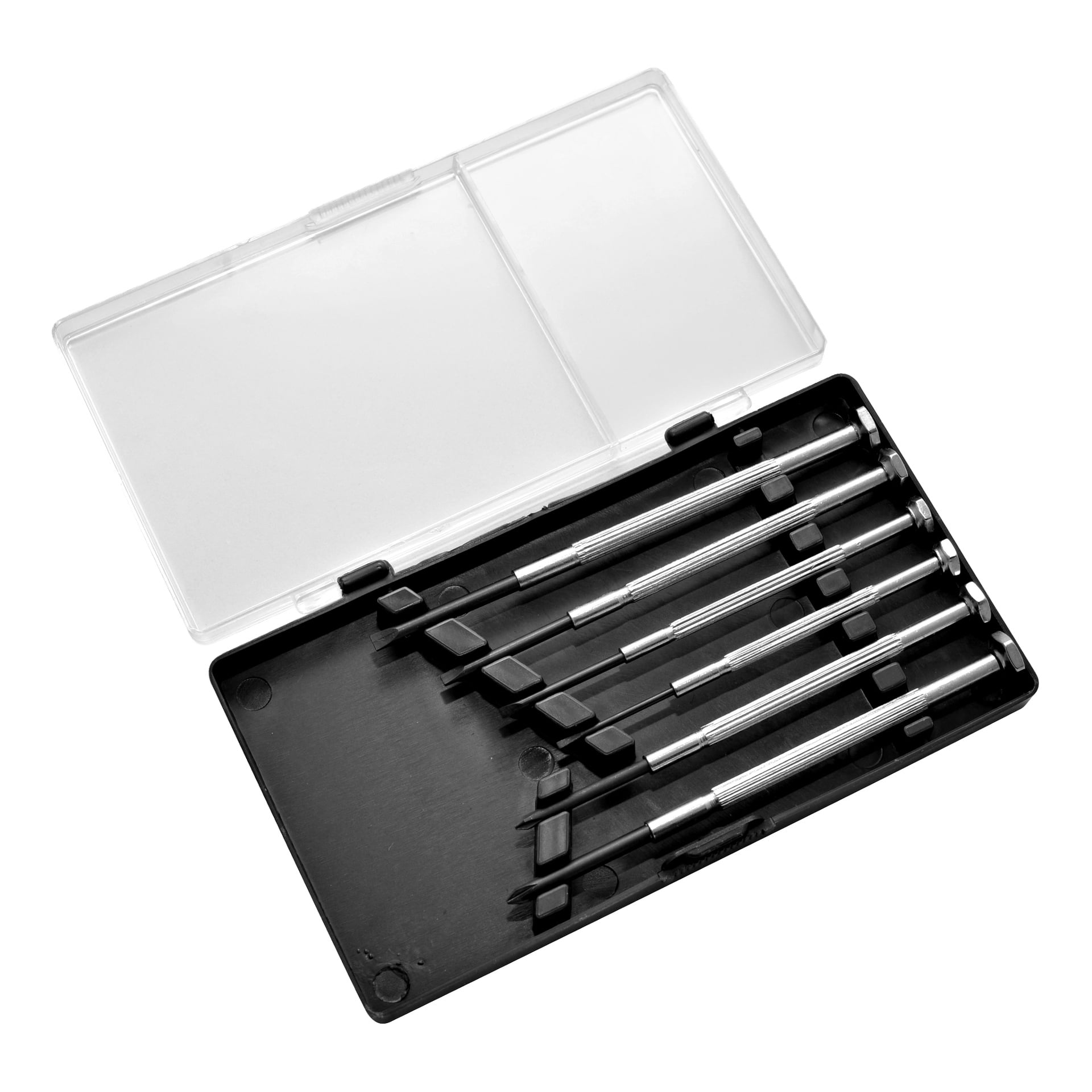 Sex Meec Tools precisionsskruvmejslare med metallhandtag och varierande spetsar, organiserade i ett plastfodral med ett genomskinligt öppet lock.