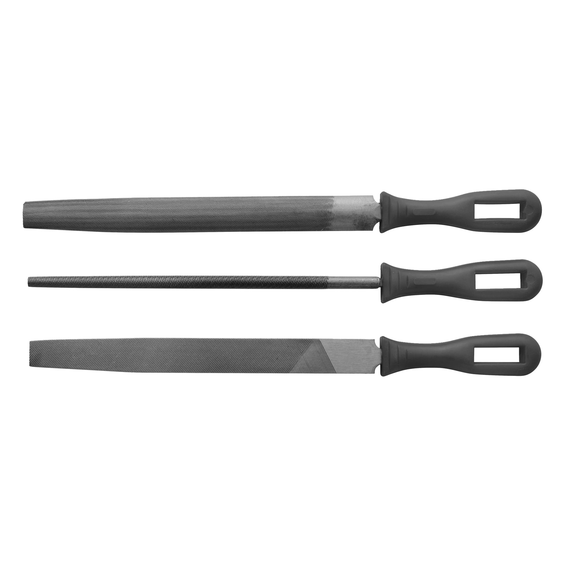 Meec Tools Fil-setet innehåller tre metallhandfiler med svarta handtag, var och en med olika form och filyta, arrangerade i en rad.