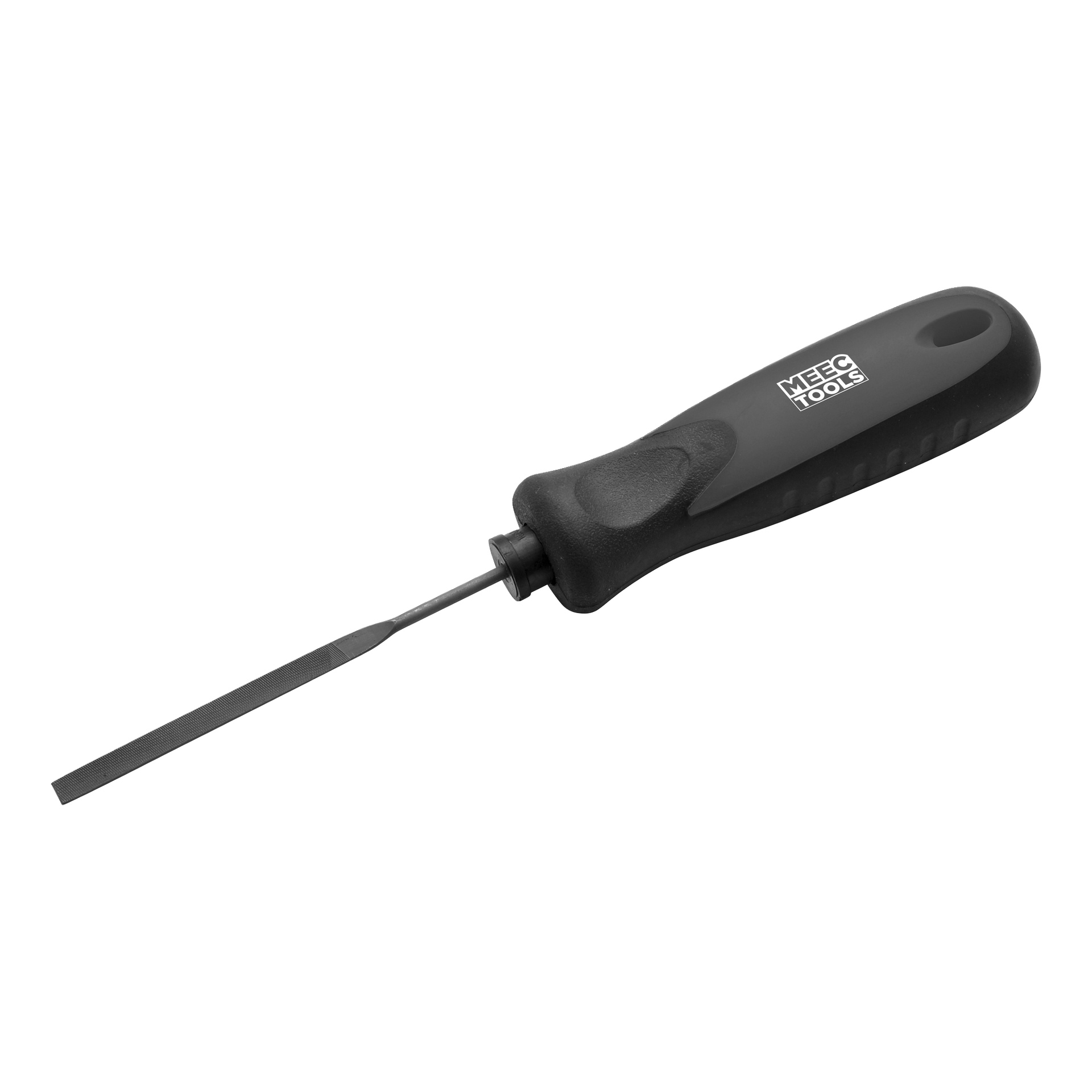 En Meec Tools nålfil från ett 7-delat set med ett platt, smalt blad och svart ergonomiskt handtag.