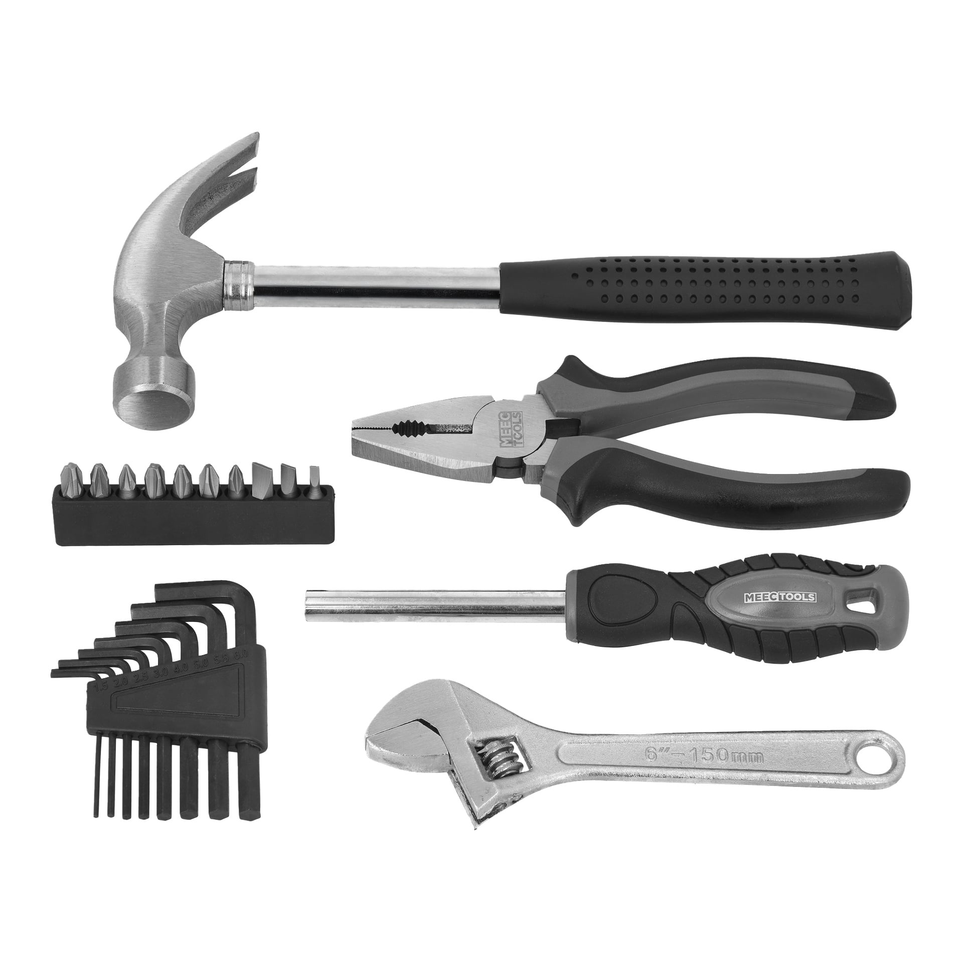 Det 22-delade Meec Tools Tool kit inkluderar en hammare, tång, justerbar skiftnyckel, insexnycklar och en flerbitars skruvmejsel.