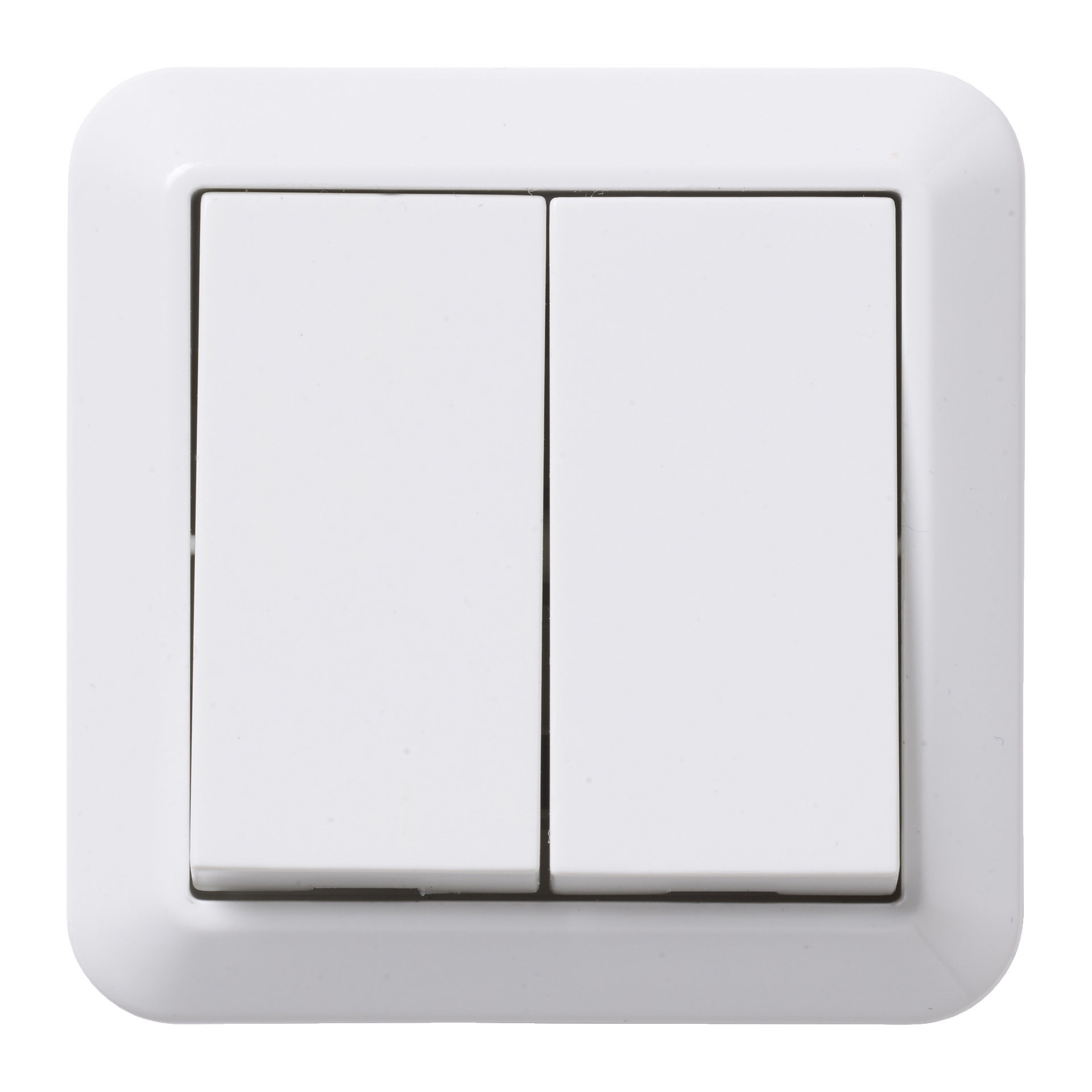 Eine Nahaufnahme eines Anslut Switch mit zwei weißen rechteckigen Schaltern auf einem quadratischen Rahmen. Beide Schalter sind ausgeschaltet und das Gerät sieht makellos aus.
