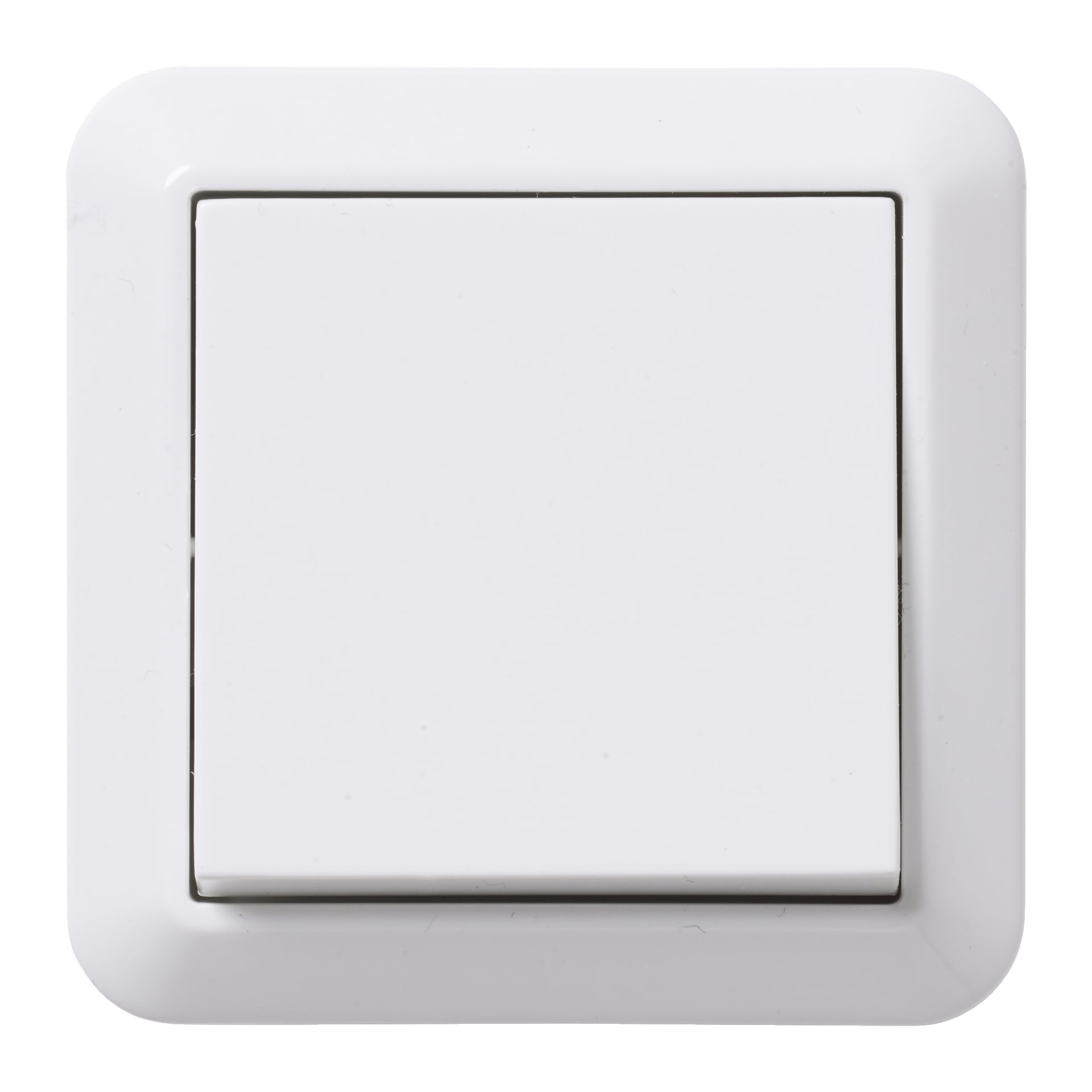 Nærbilde av en Anslut Switch med et firkantet, hvitt design og forsiktig avrundede kanter. Bryteren er i av-posisjon.