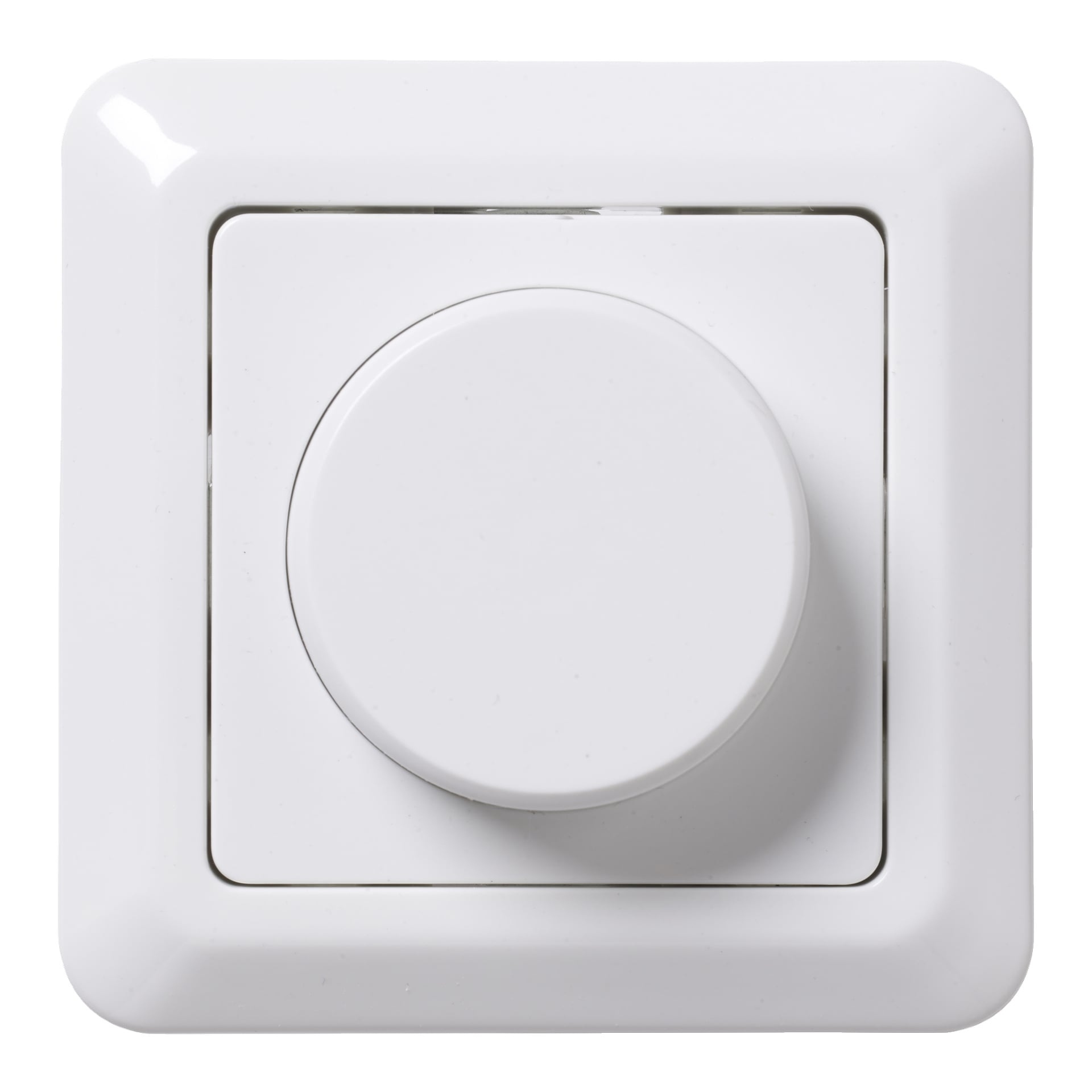 Anslut Dimmer: En firkantet hvit veggdimmerbryter med en fremtredende rund knapp i midten.