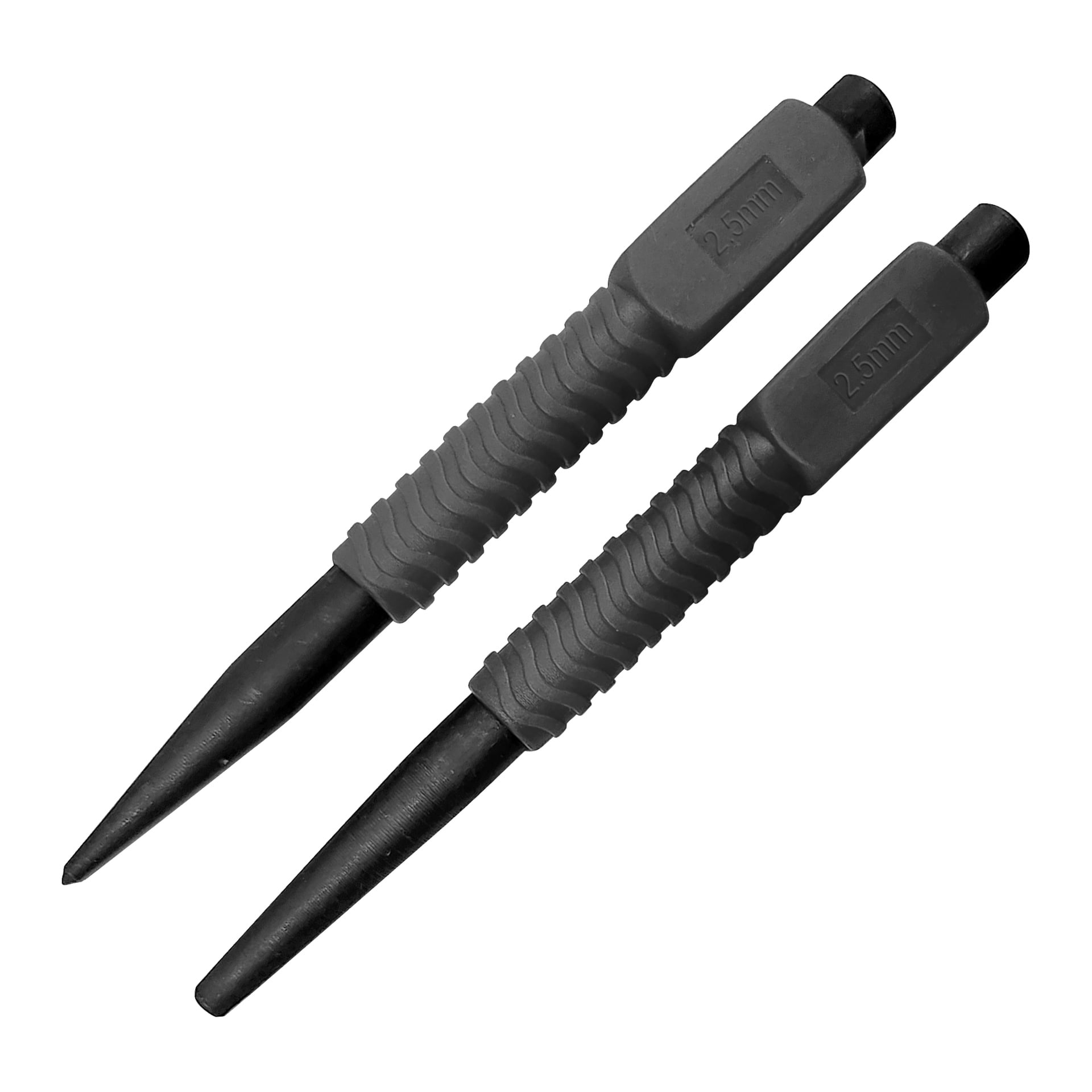 Ett Meec Tools-set med mittstans och driftstans, båda märkta 2,5 mm, har räfflade svarta handtag och ligger sida vid sida.