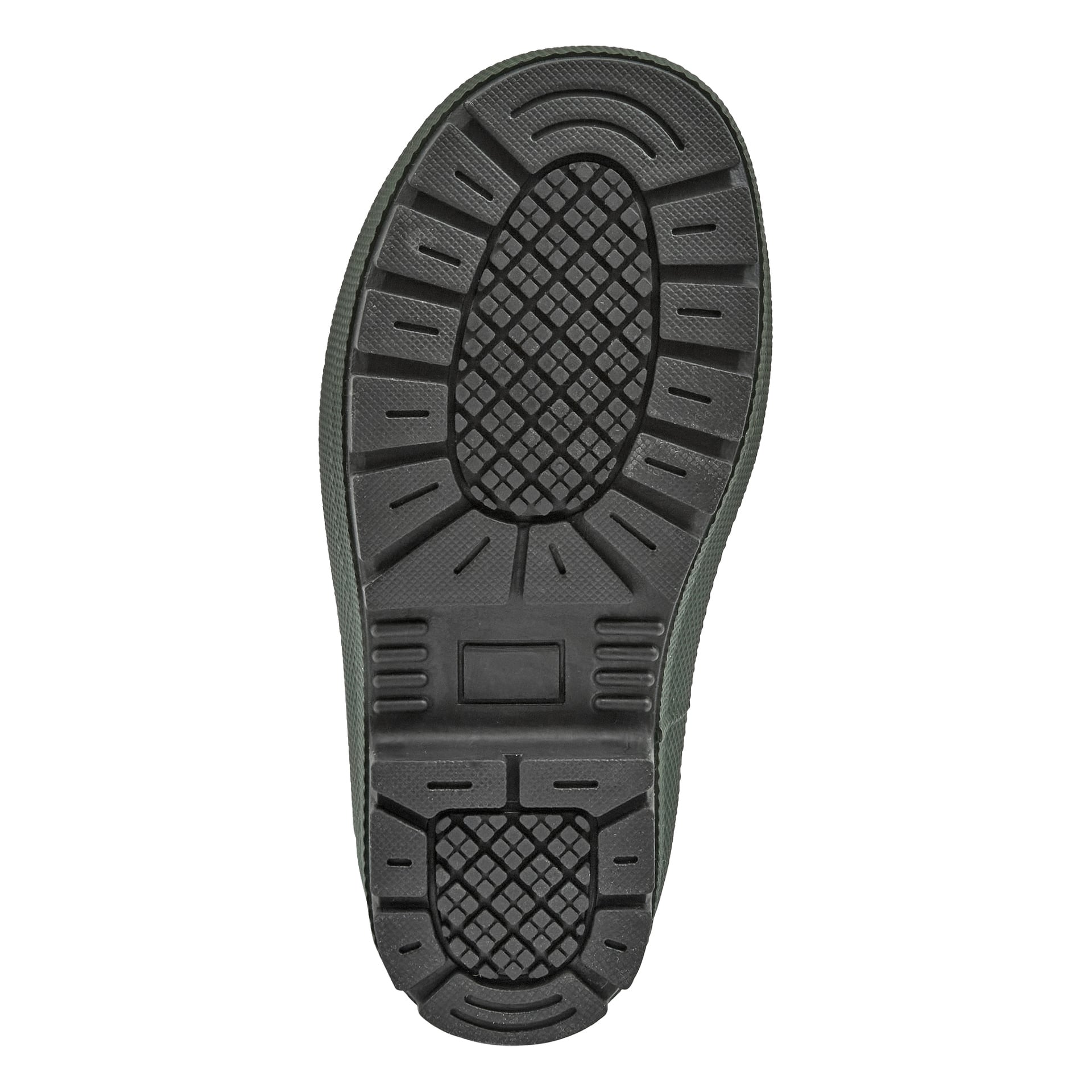 Bottenvy av Kayoba Outdoor Children's boots som visar en svart sula med geometriska mönster för bättre grepp och grepp.
