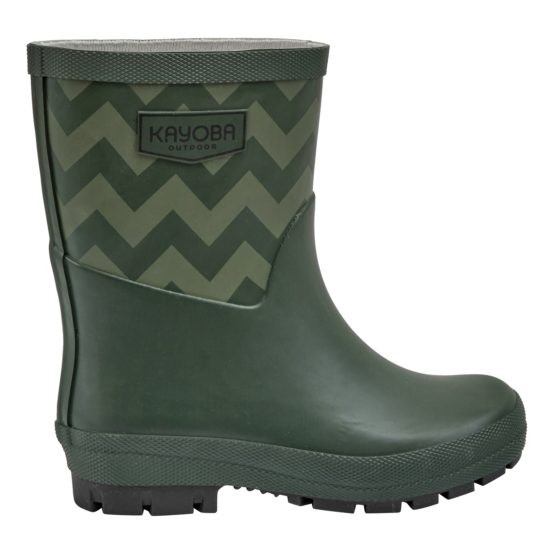 Gröna Kayoba Outdoor gummistövlar för barn med sicksackmönster ovanpå, robust sula och Kayoba Outdoor-etikett på sidan.