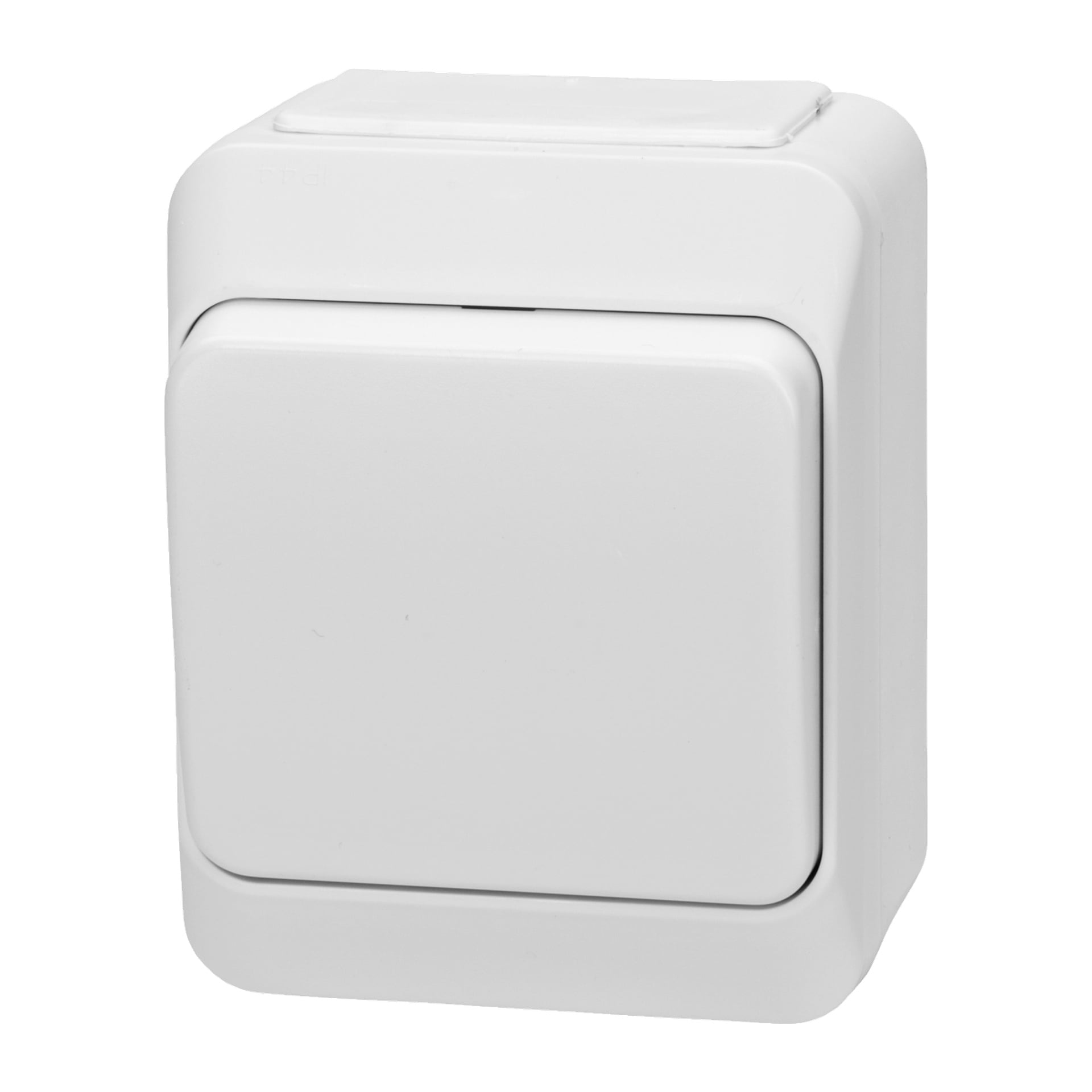 Power-brytaren Aqua Stark från Schneider Electric är en ren, vit, fyrkantig plastväggströmbrytare med lätt rundade kanter. Strömbrytaren är i av-läge och ser omärkt ut.