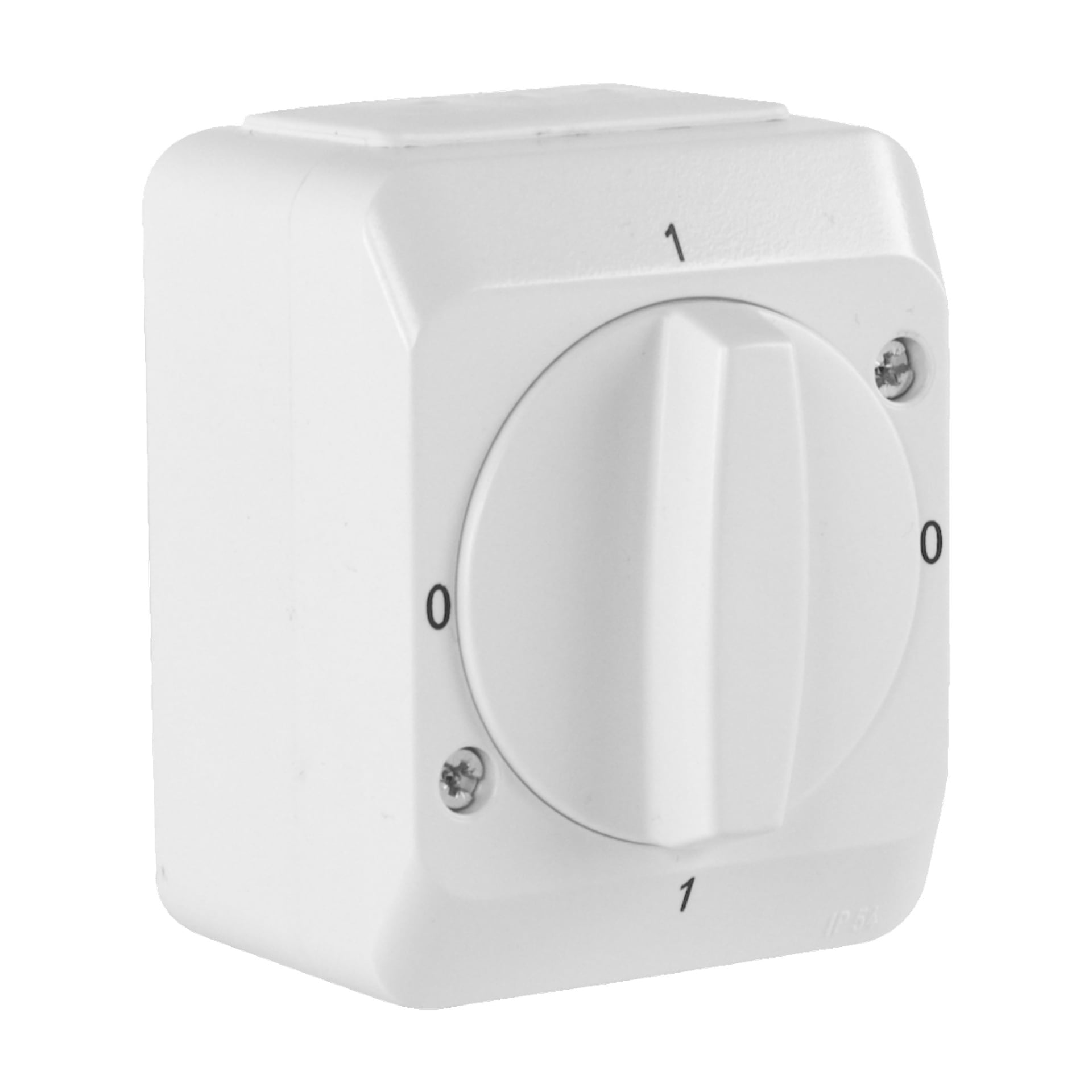 En hvit Schneider Electric Aqua Stark strømbryter med en fremtredende dreieknapp merket 0 og 1 er montert på en firkantet boks, med to skruer på fronten.