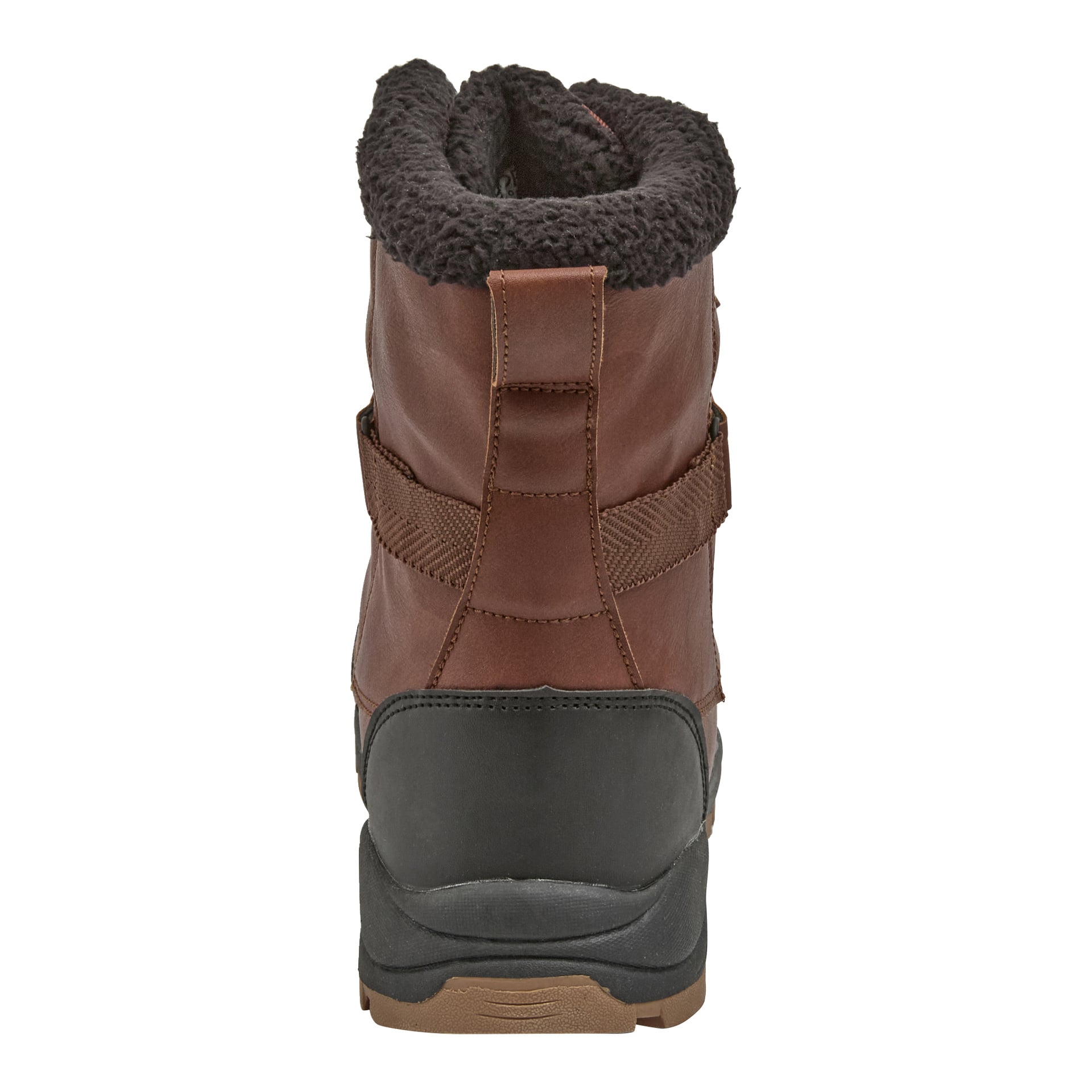 Bakre närbild av Kayoba Outdoor Winter-stövlar med brun ovandel, svart gummiunderdel, fotledsstöd, dragflik och fleecefoder.
