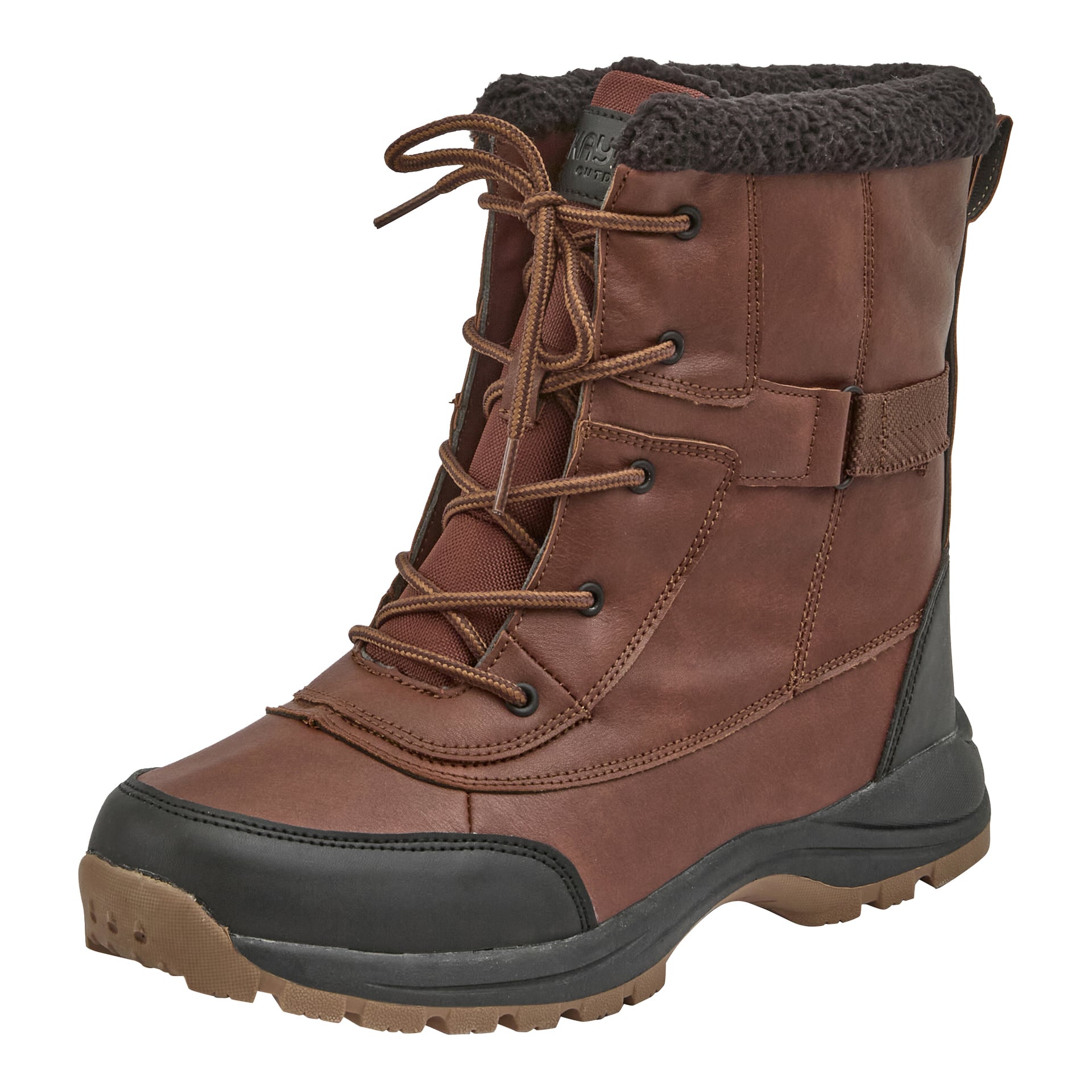 Kayoba Outdoor Winter boots i brunt med svart gummitå och -klack, bruna snören, metallöglor, texturerad sula och fleecefoder.