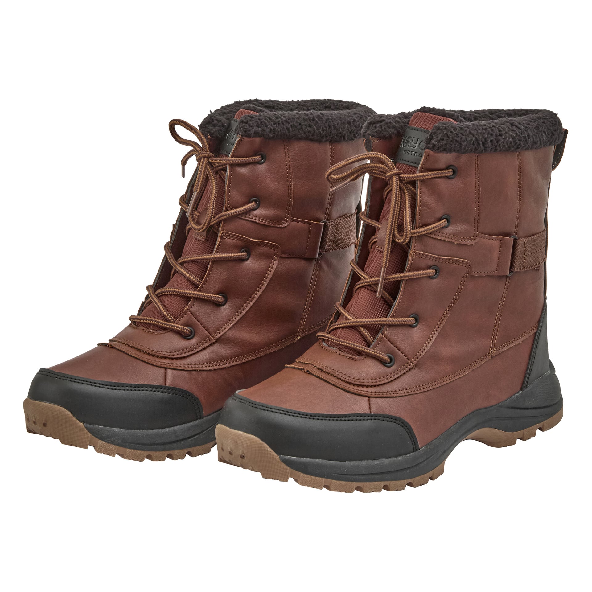 Kayoba Outdoor Winter boots med bruna snören, svarta sulor och kanter, fleecefoder och stadigt mönster sitter sida vid sida vinklade åt höger.