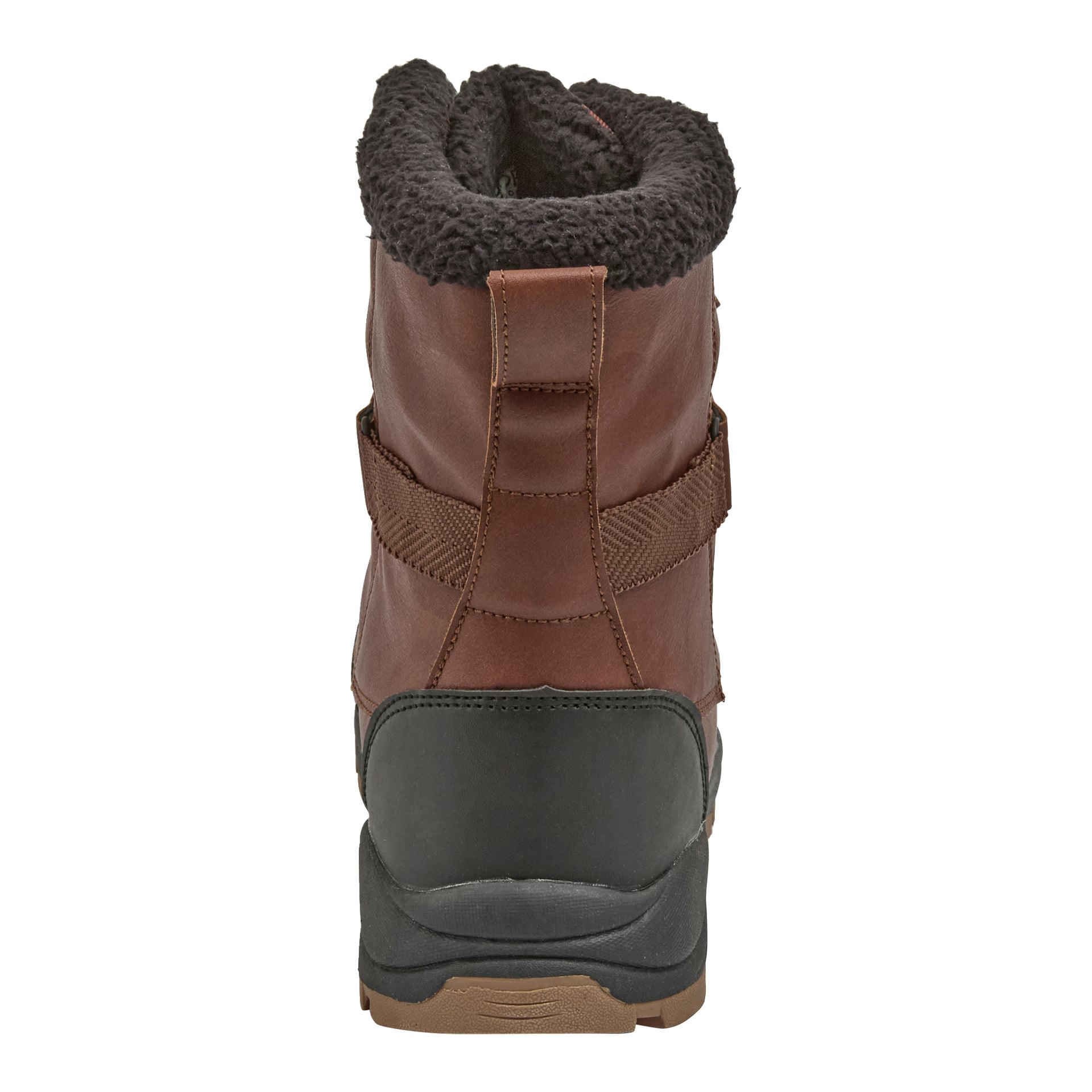 Kayoba Outdoor Winter-stövlar i brunt har svart gummiklack och sula, bruna sömmar, dragflik och fleecekragkant.