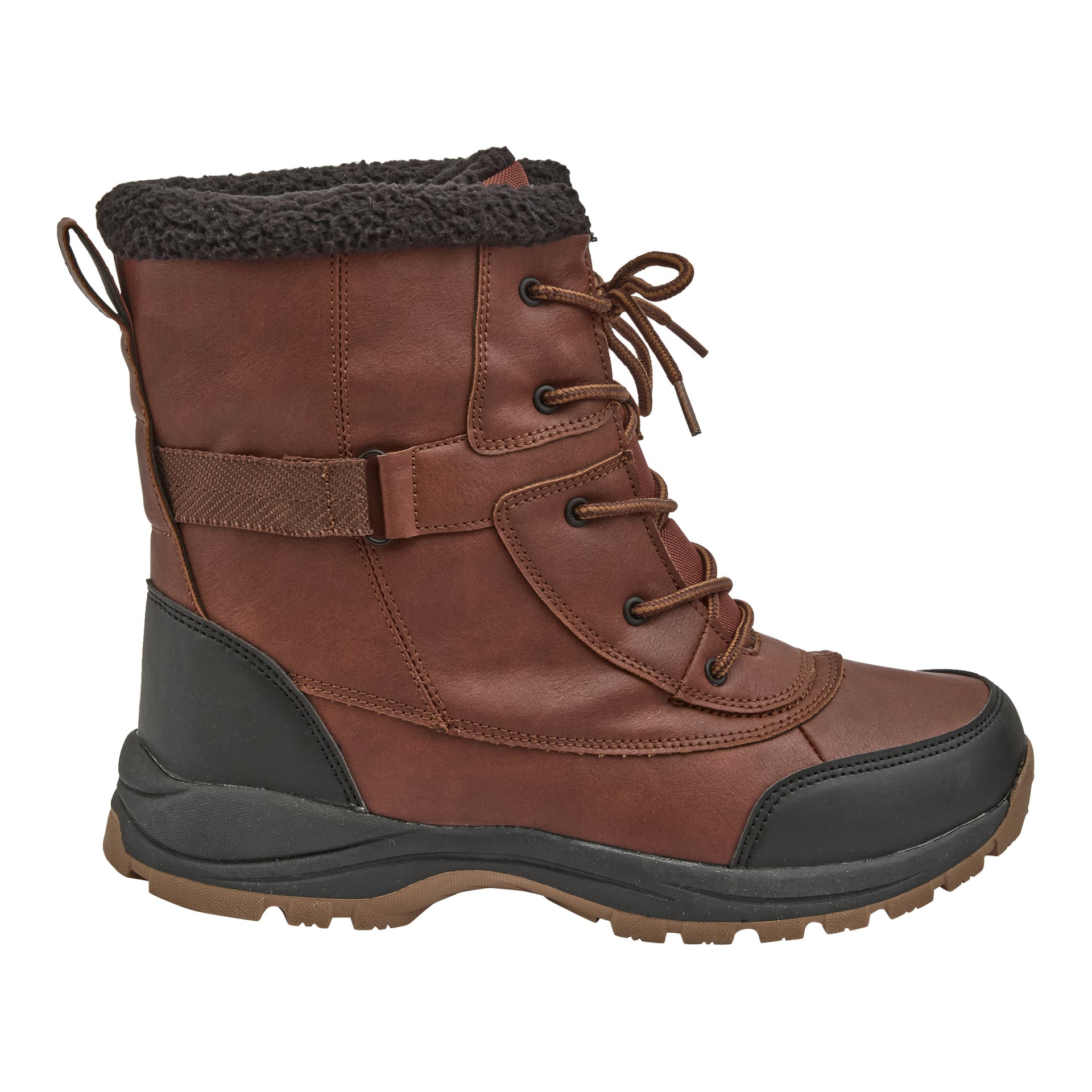 Kayoba Outdoor Winter boots i brunt läder, svart gummisula och tå, snörning fram, sidorem och svart fleece-toppfoder.