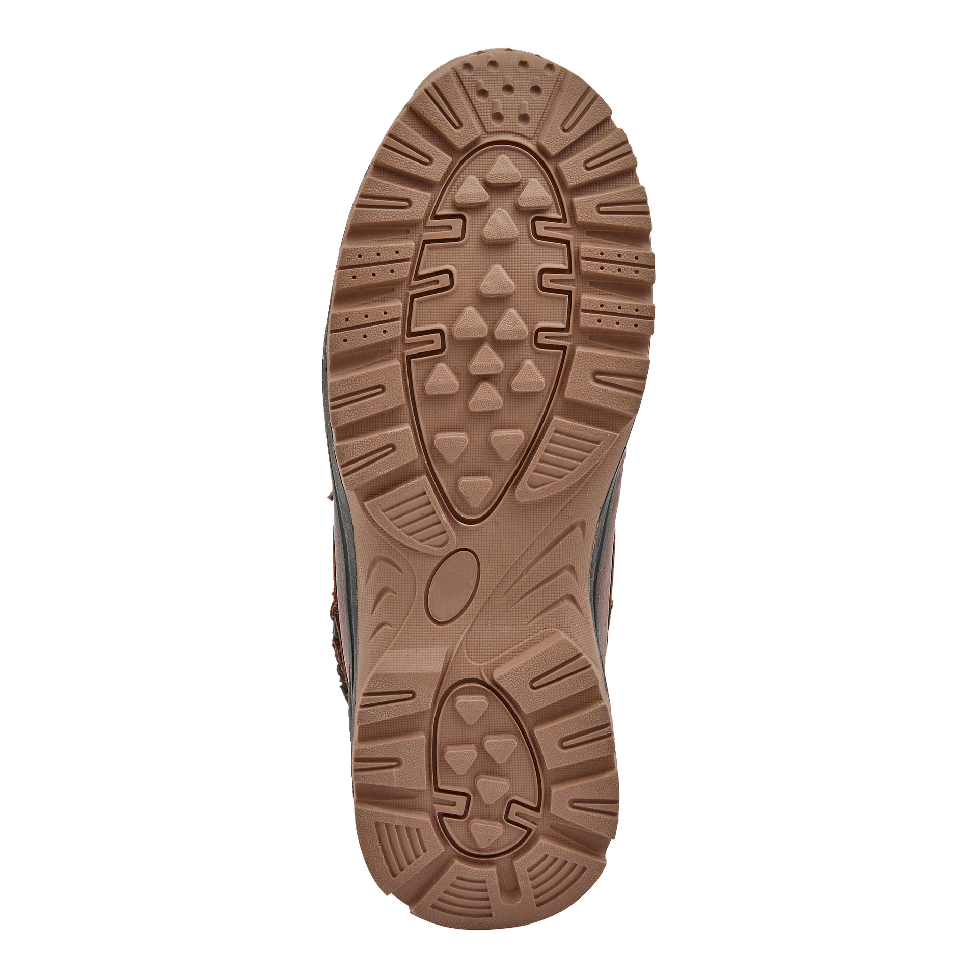 Detaljerad vy av Kayoba Outdoor Winterboots bruna gummisula med ett komplext mönster för starkt grepp, där stövlarnas kanter är något synliga.