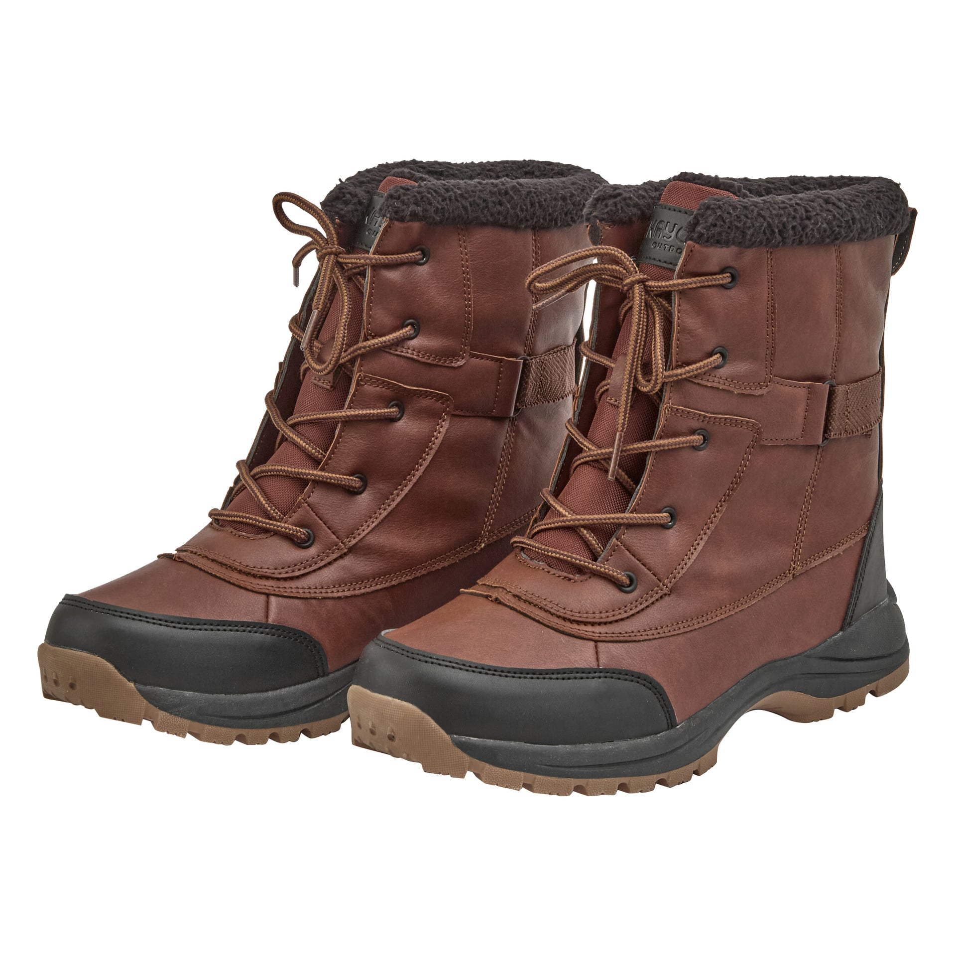 Bruna Kayoba Outdoor Winter boots med svarta texturerade sulor, mörkbruna snören, fuskpäls och detaljerad söm.