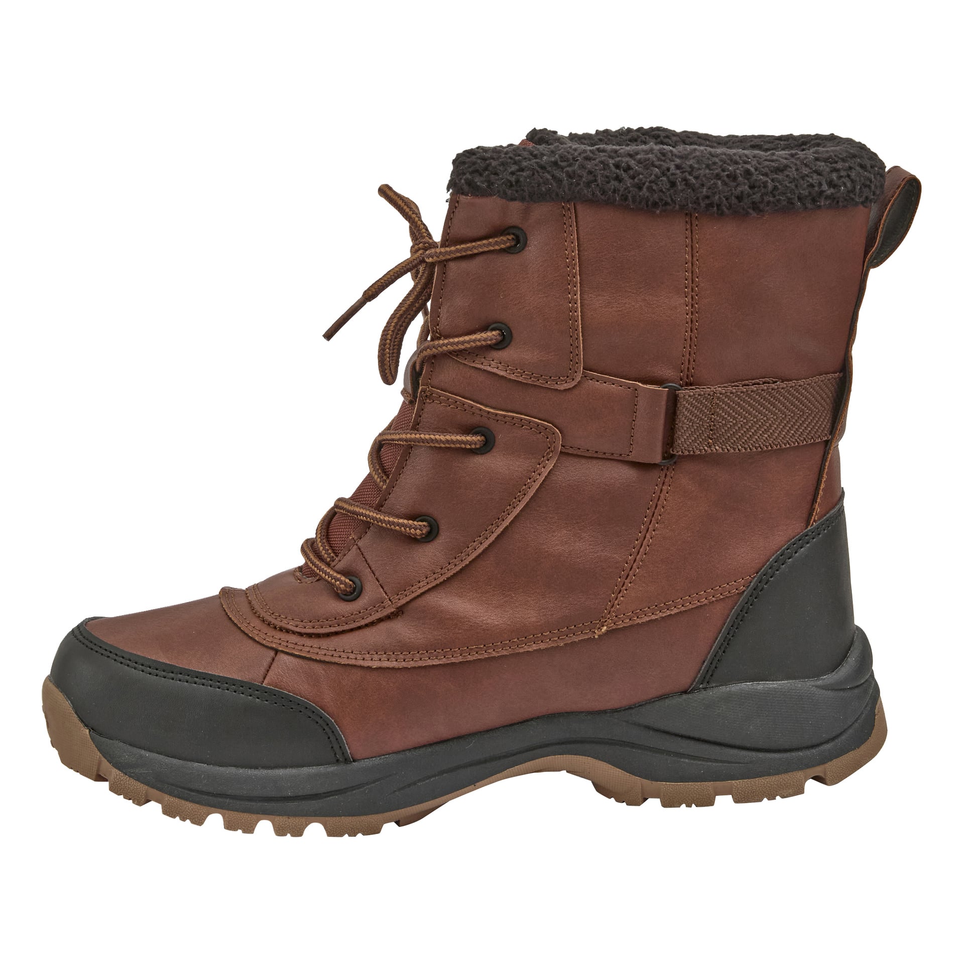 Kayoba Outdoor Winter boots med bruna överdelar, svarta sulor och tåhattar, snörning framtill, sidorem, texturerat foder och stadiga mönster.