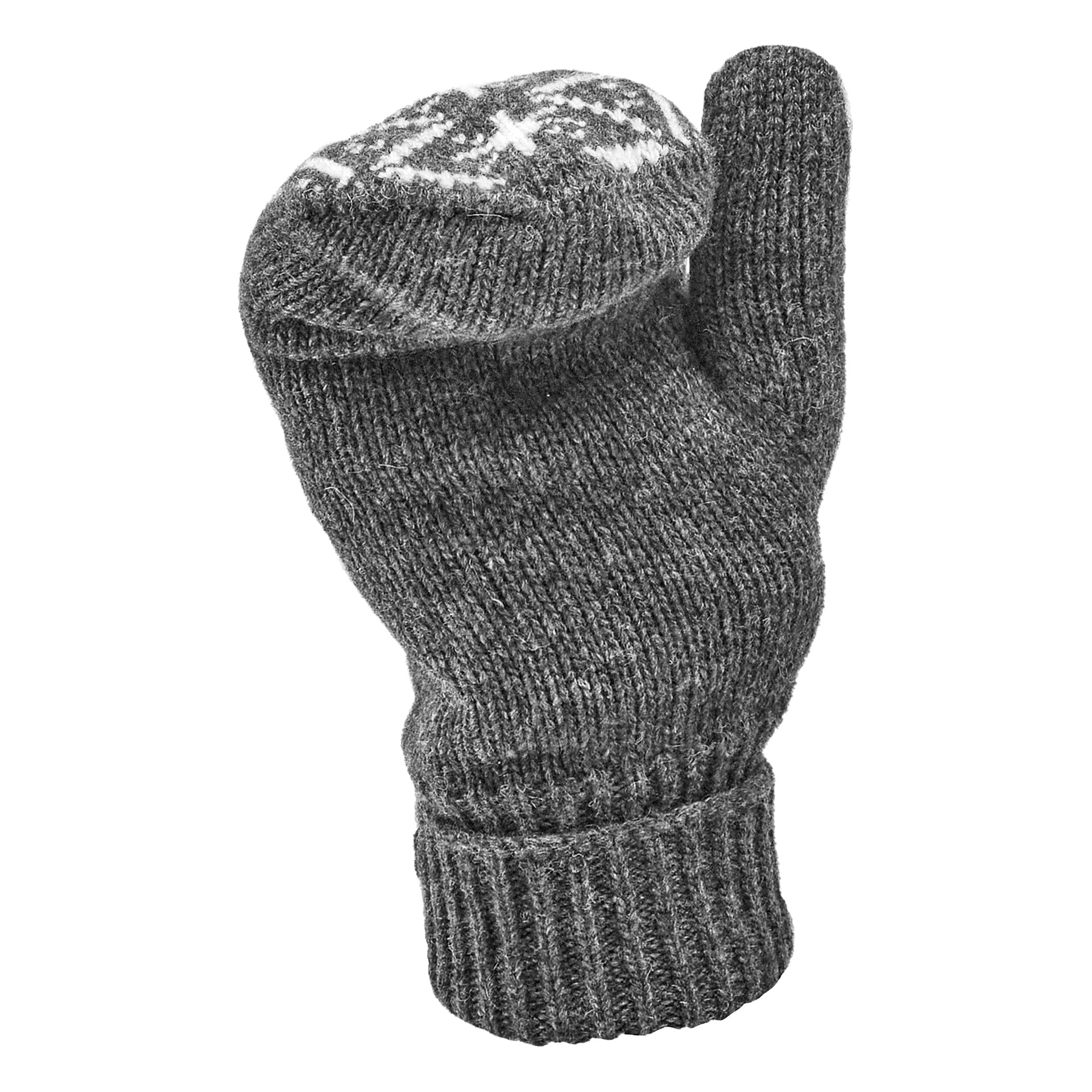 Die Kayoba Outdoor Mittens sind grau, gestrickt mit Ribbebündchen und einem weißen Schneeflockenmuster auf dem Rücken, aufrecht gezeigt.