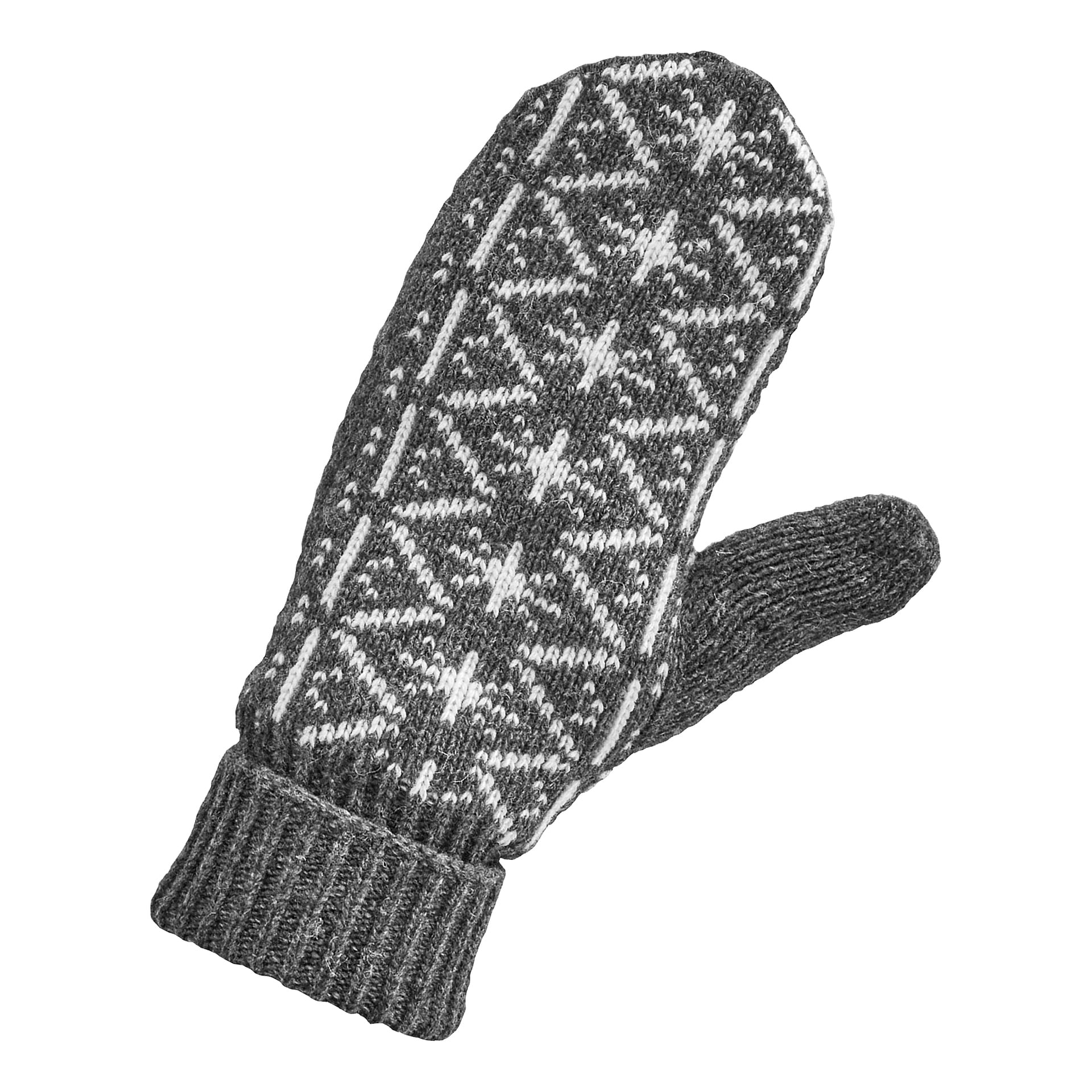 Die Kayoba Outdoor Mittens zeigen einen grauen Strickstil mit weißen geometrischen Schneeflocken und gerippten Manschetten.
