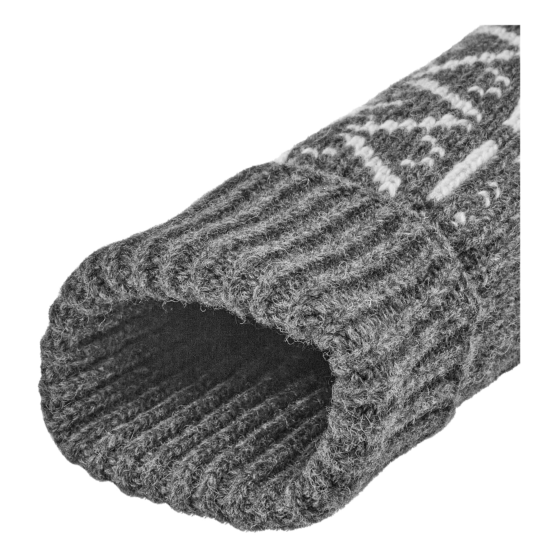 Nahaufnahme eines grauen Kayoba Outdoor-Strickwollhandschuhs, mit einem Rippbündchen und einem weißen Muster, das an einer Seite entlangläuft.