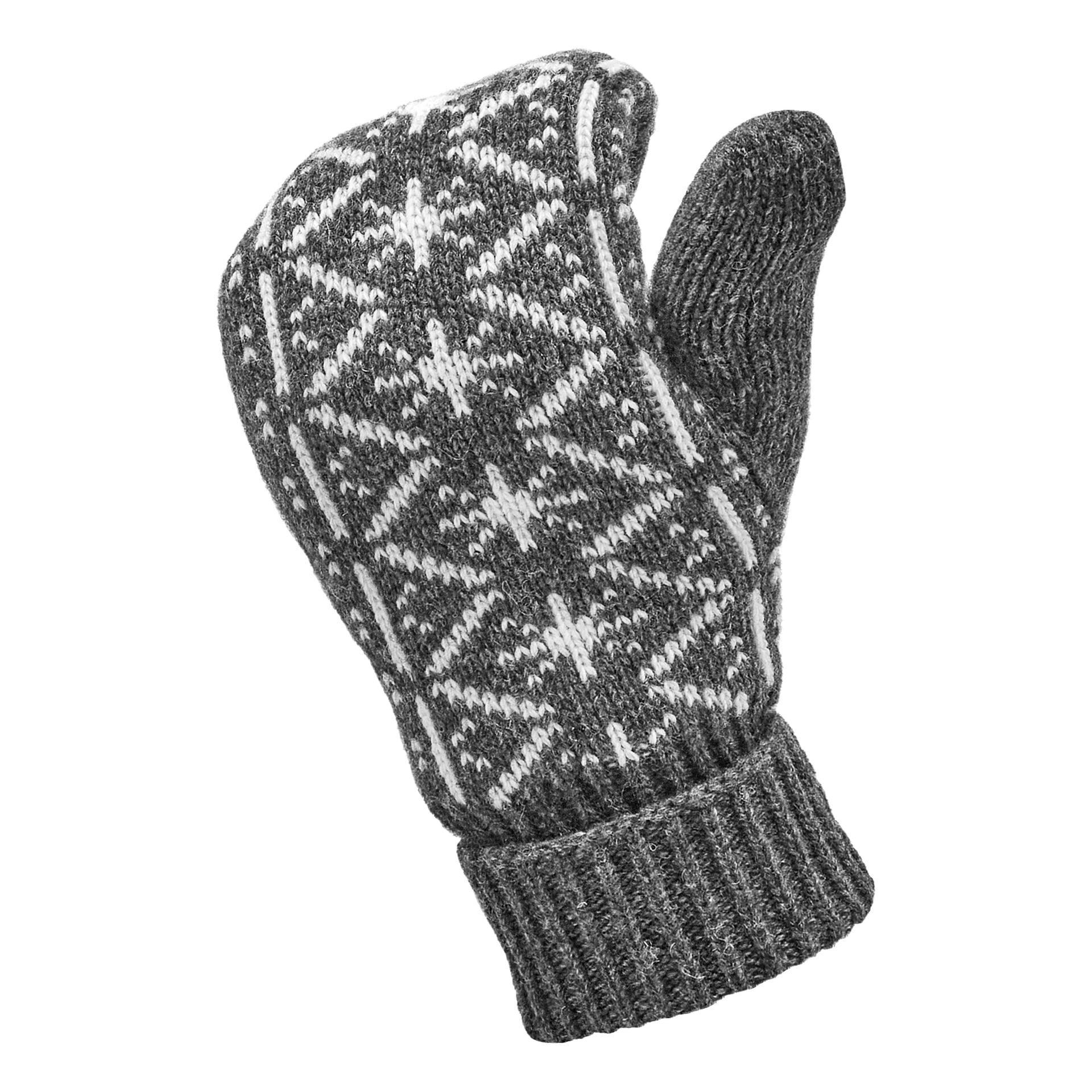 Ein Paar graue Kayoba Outdoor-Strickfäustlinge mit weißen Schneeflockenmustern und gerippten Manschetten.
