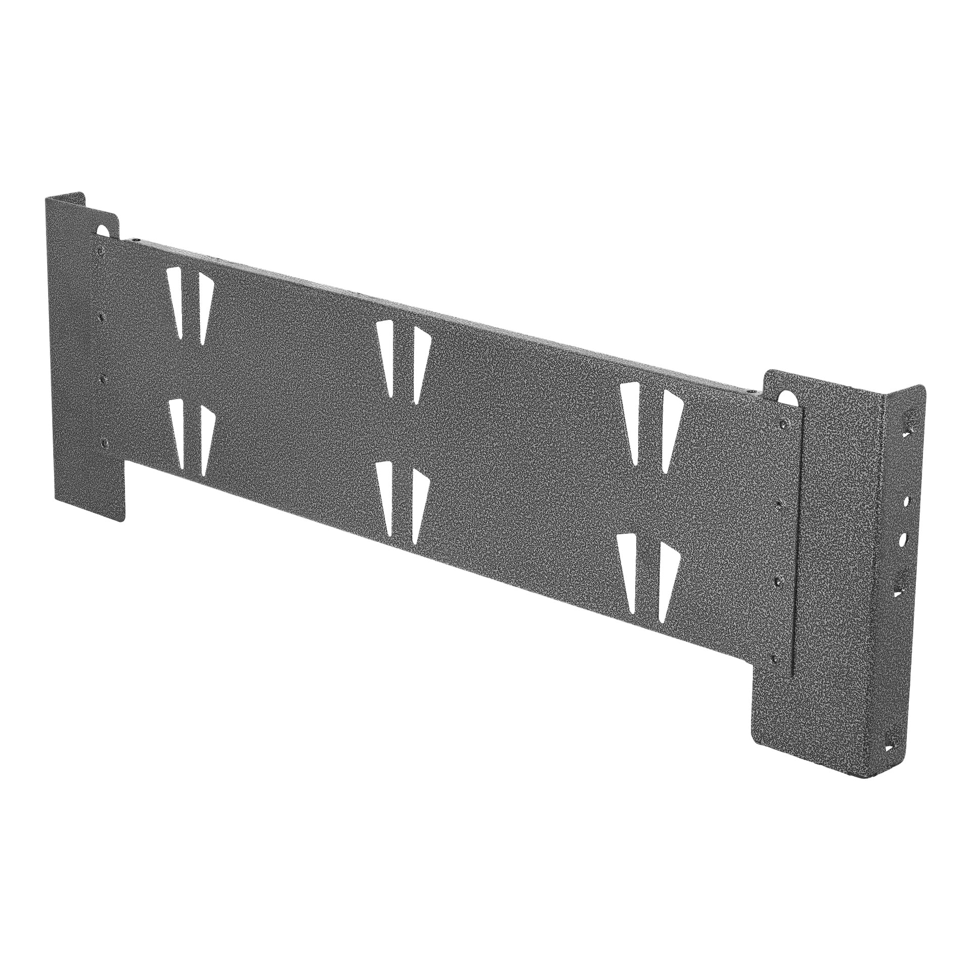Et modulært Hard Head Hook Rack med teksturert metallbrakett, rektangulær plate, trekantede utskjæringer og flensede ender med hull.