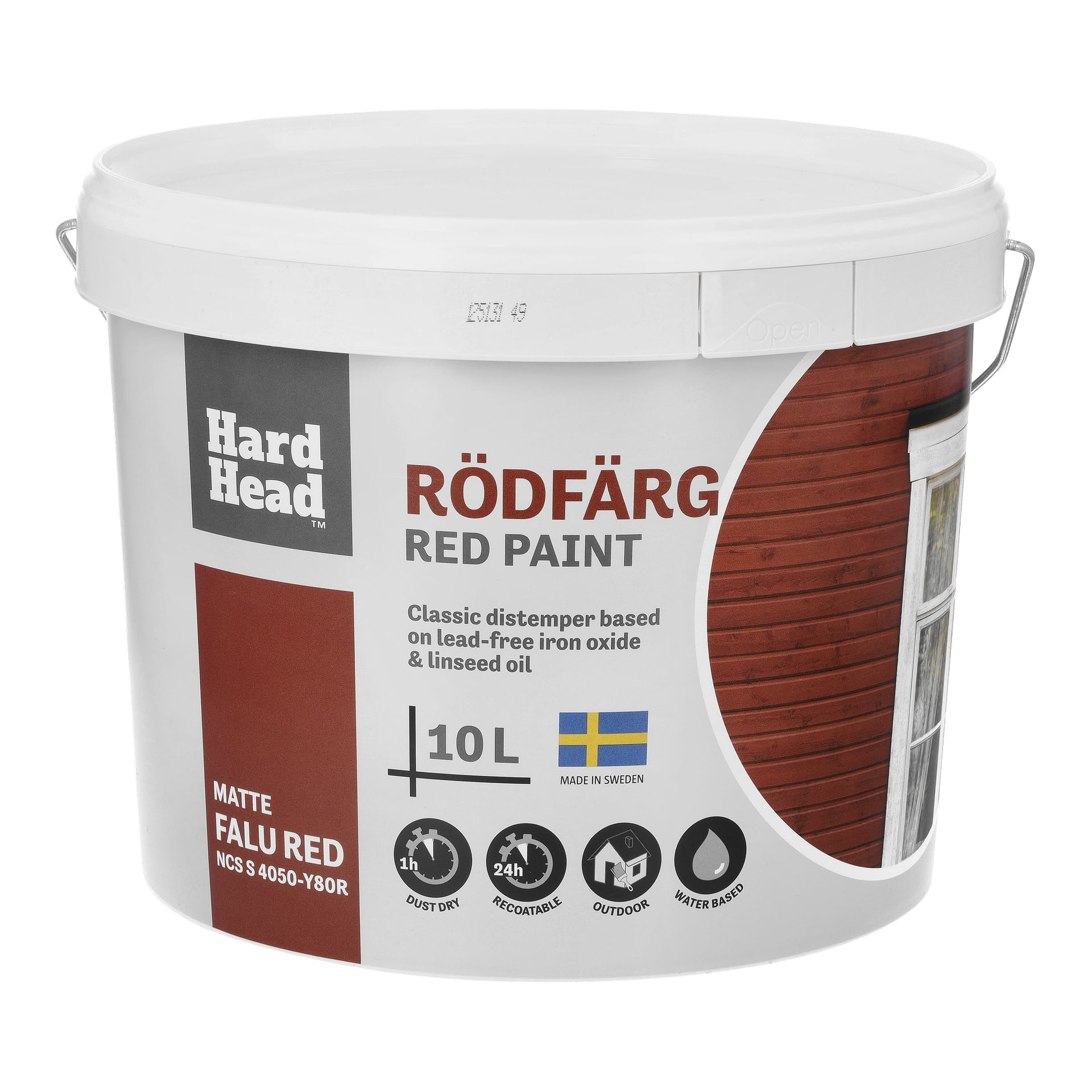 En 10-liters vit plasthink med Hard Head Red-lack. Etiketten har en röd trävägg, produktinformation, användningsikoner och en flagga.