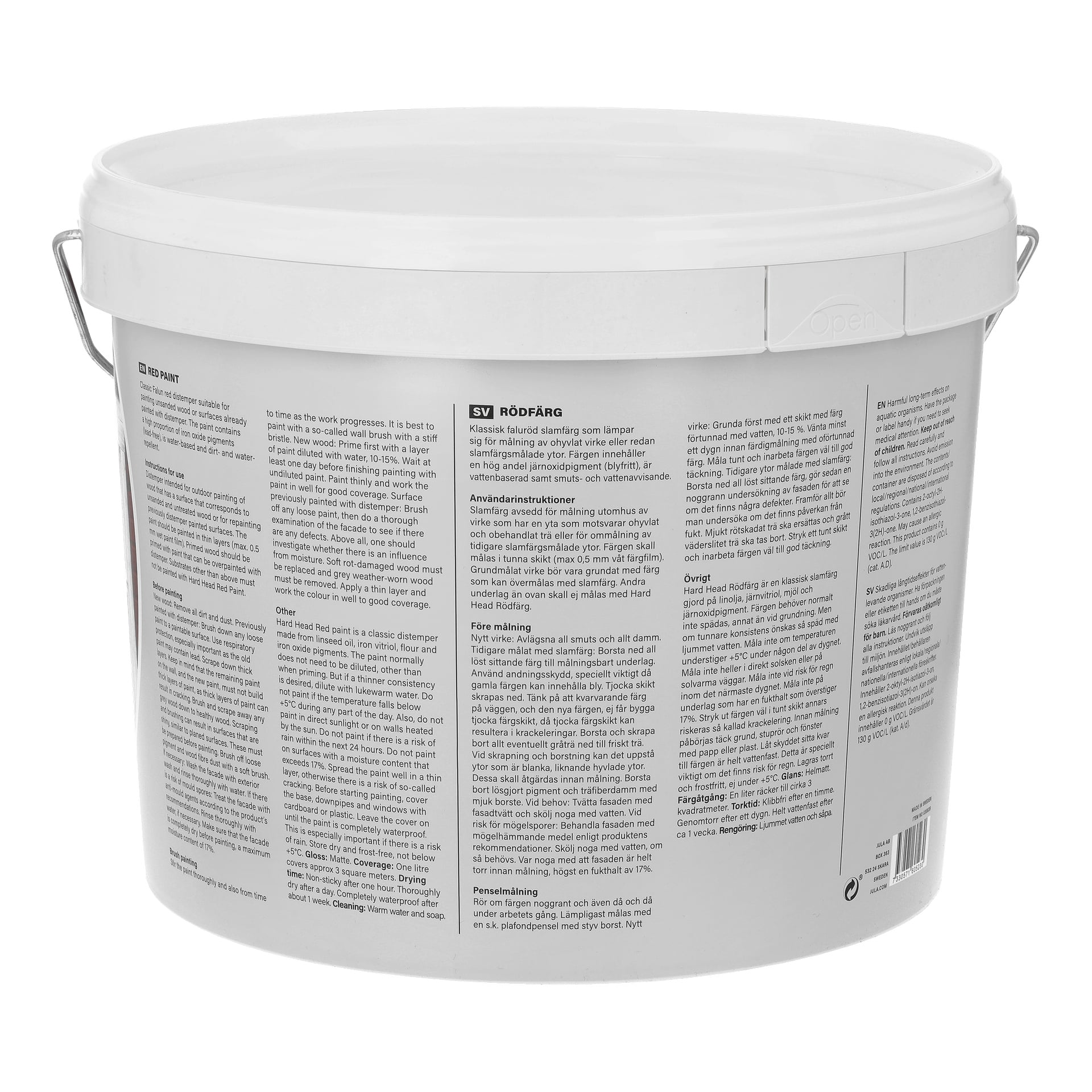 En vit plastfärghink märkt "Red colour" av Hard Head, med metallhandtag och svart text för produktinformation och instruktioner. Det stängda locket är enkelt, utan varumärke eller grafik.