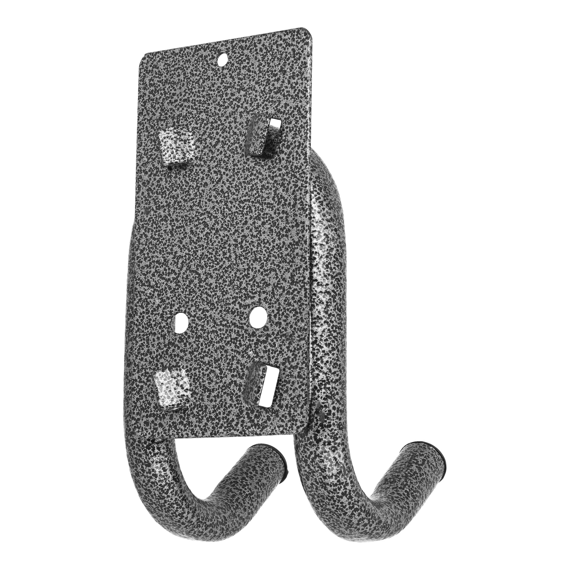 Närbild på Hard Head Hook Modular-systemets fläckiga grå metallkrok, med fyrhålsplatta och dubbla krokar för upphängning.