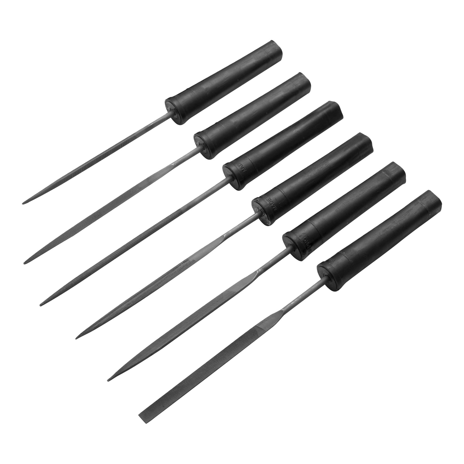 Meec Tools Needle-filset består av 7 metallfilar med svarta handtag, var och en med en distinkt form och spets för precissamt arbete.