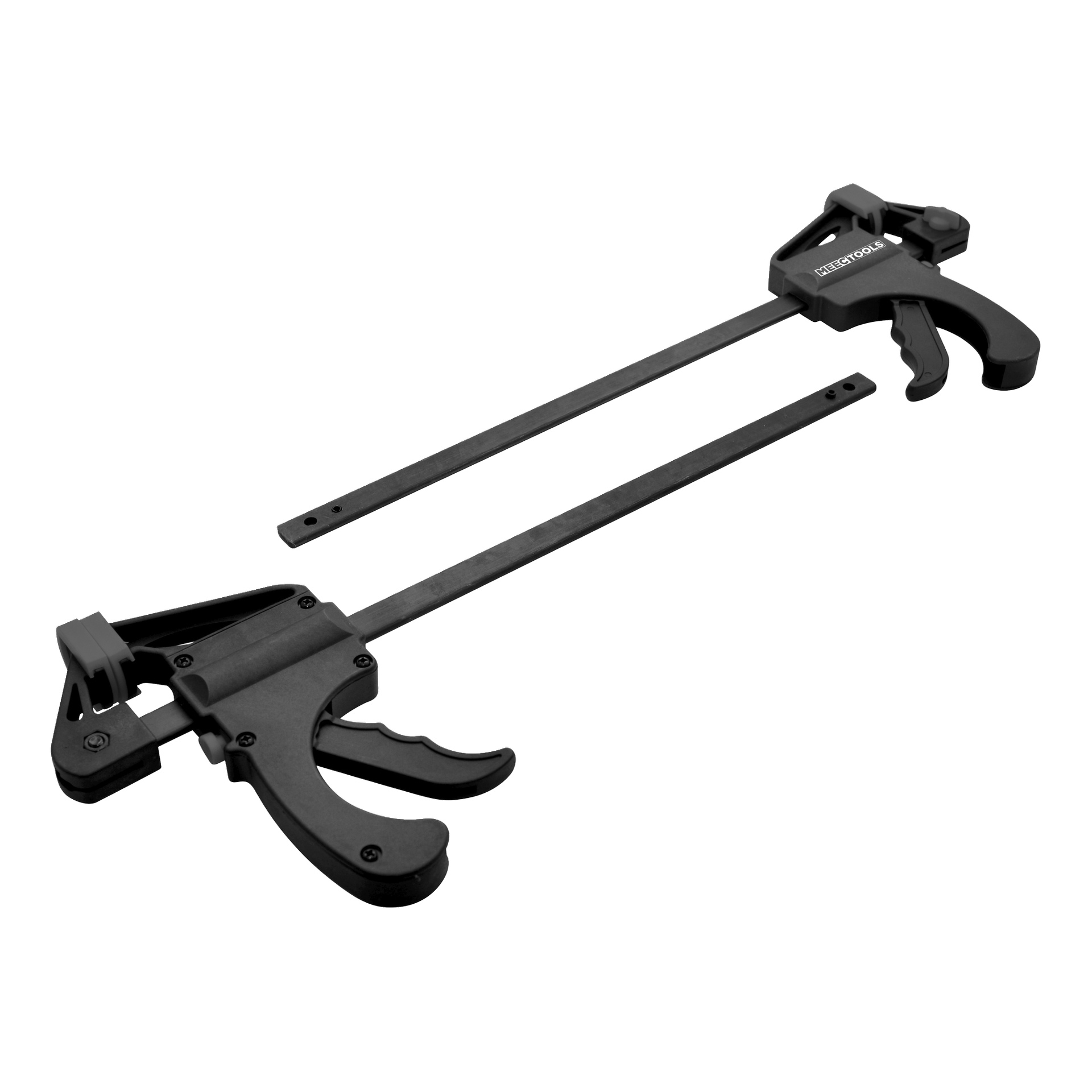 Två svarta Meec Tools Quick Clamp-stångklämmor med avtryckarhandtag är placerade diagonalt, vända åt motsatta håll.
