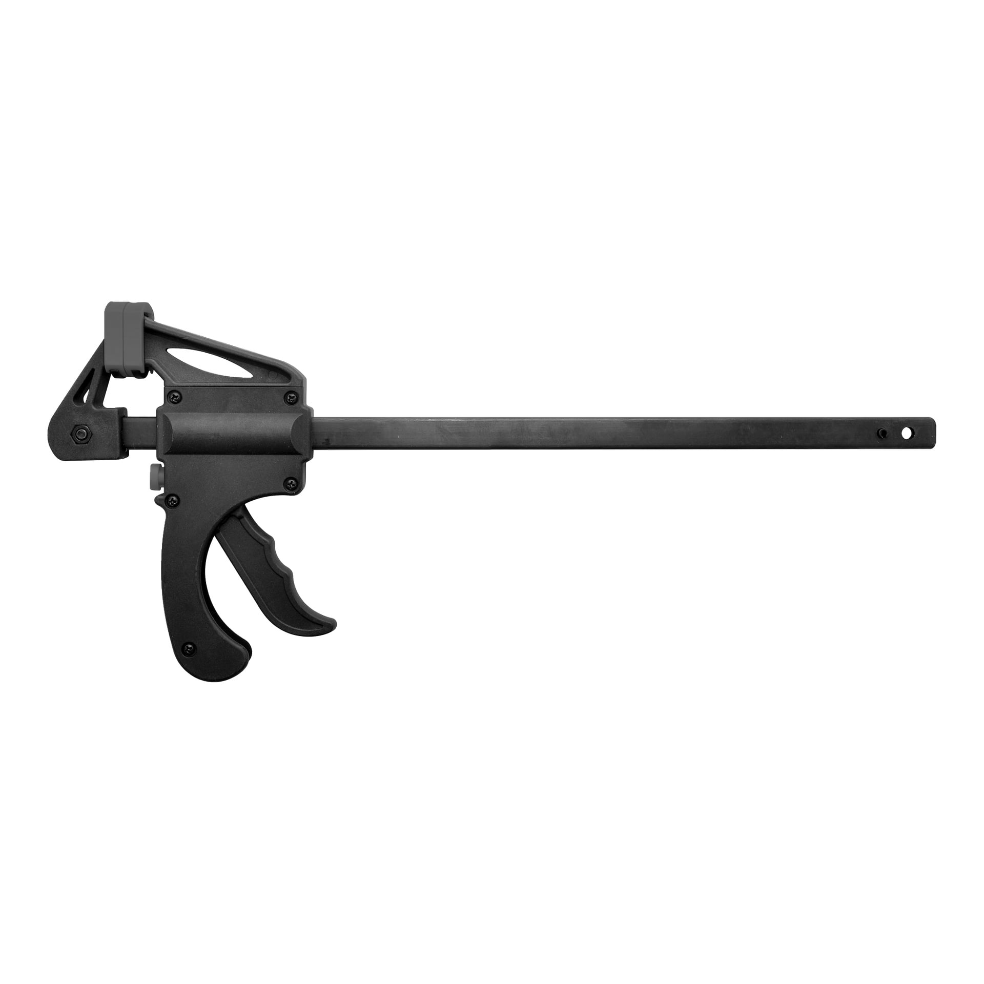 Två Meec Tools Quick Clamps, gjorda av svart plast och metall, med pistolgrepp, justerbara käftar och förlängda stänger.
