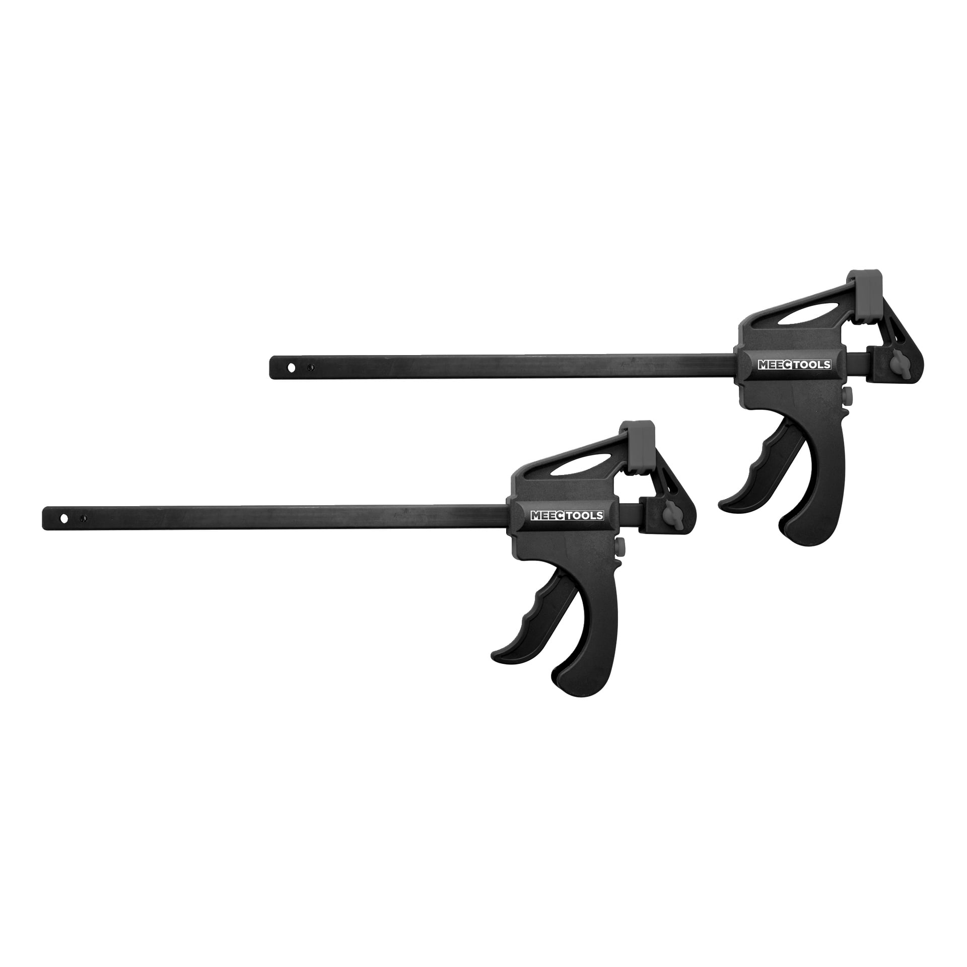 Två svarta Meec Tools Quick Clamp 2 Pack stångklämmor med avtryckarhandtag är placerade sida vid sida.